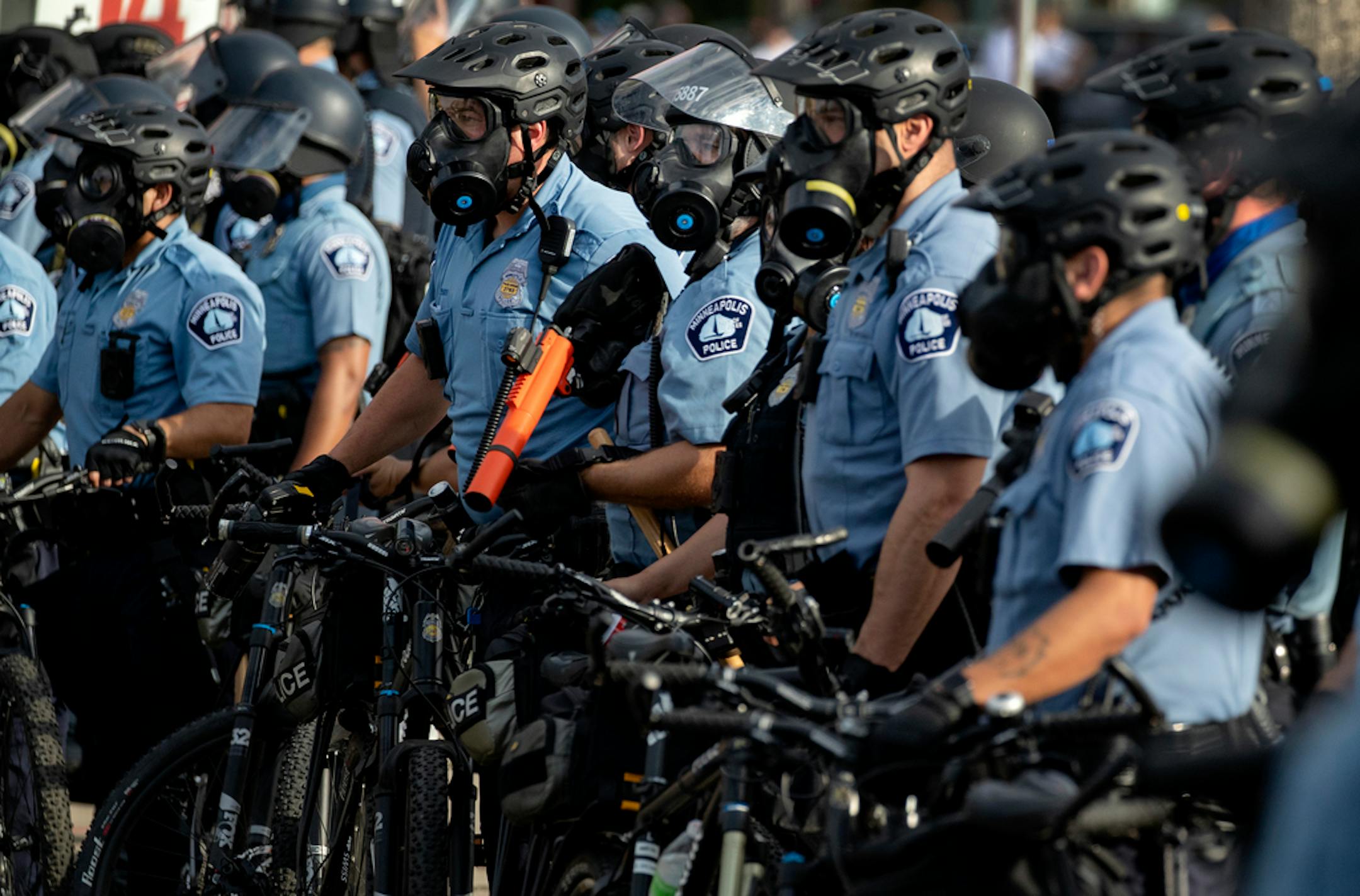 Police gathered May 27 as protests continued at the Third Precinct police station in Minneapolis after the death of George Floyd in police custody.