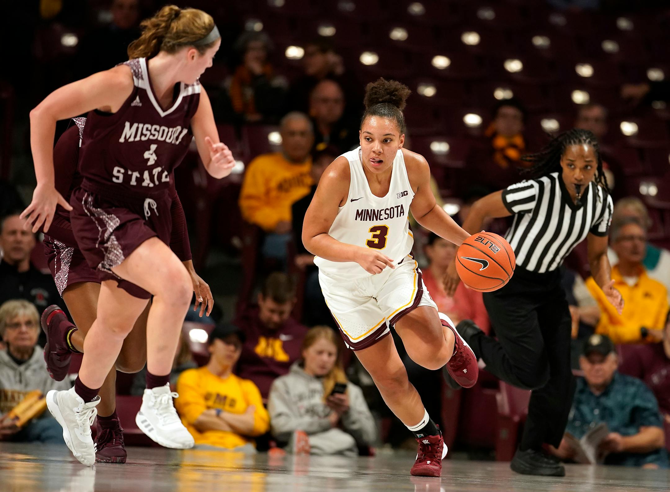 Gophers guard/forward Destiny Pitts drove on Missouri State forward Abby Hipp during the first half of a 77-69 loss Tuesday.