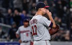 Minnesota Twins pitcher Jose Berrios reacts after giving up a two-run home run to New York Yankees' Didi Gregorius during the fifth inning of a baseba