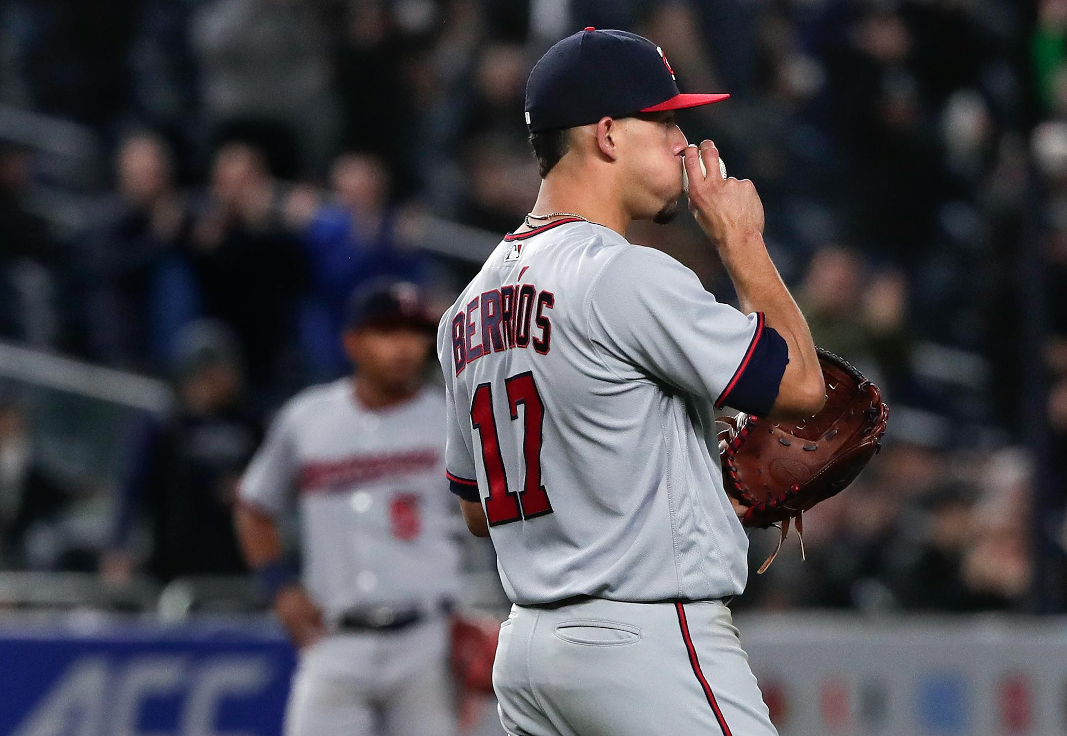 Minnesota Twins pitcher Jose Berrios reacts after giving up a two-run home run to New York Yankees' Didi Gregorius during the fifth inning of a baseball game Tuesday, April 24, 2018, in New York. (AP Photo/Julie Jacobson)