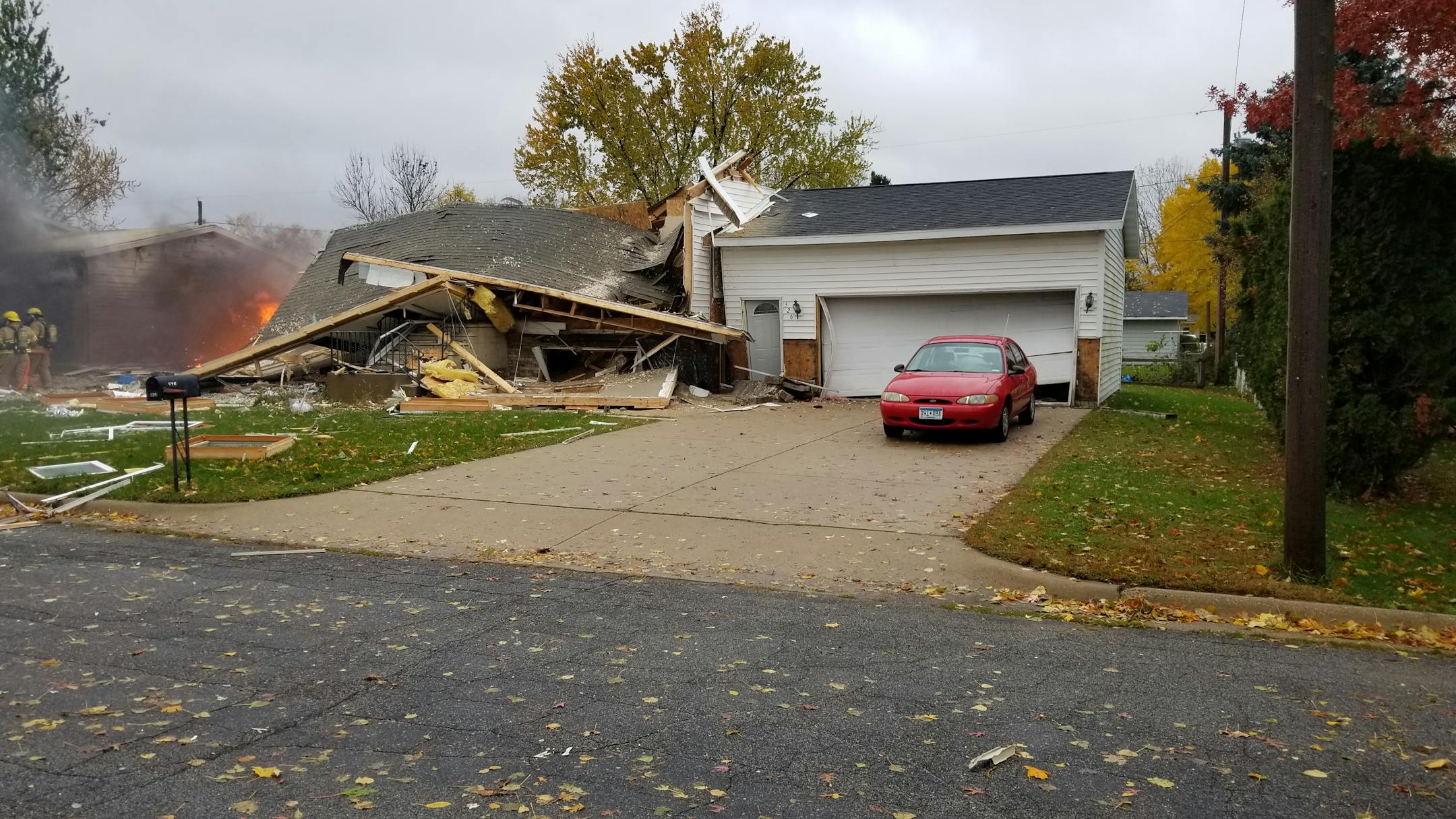 An explosion Tuesday morning in Paynesville, Minn., caused part of this house to collapse.