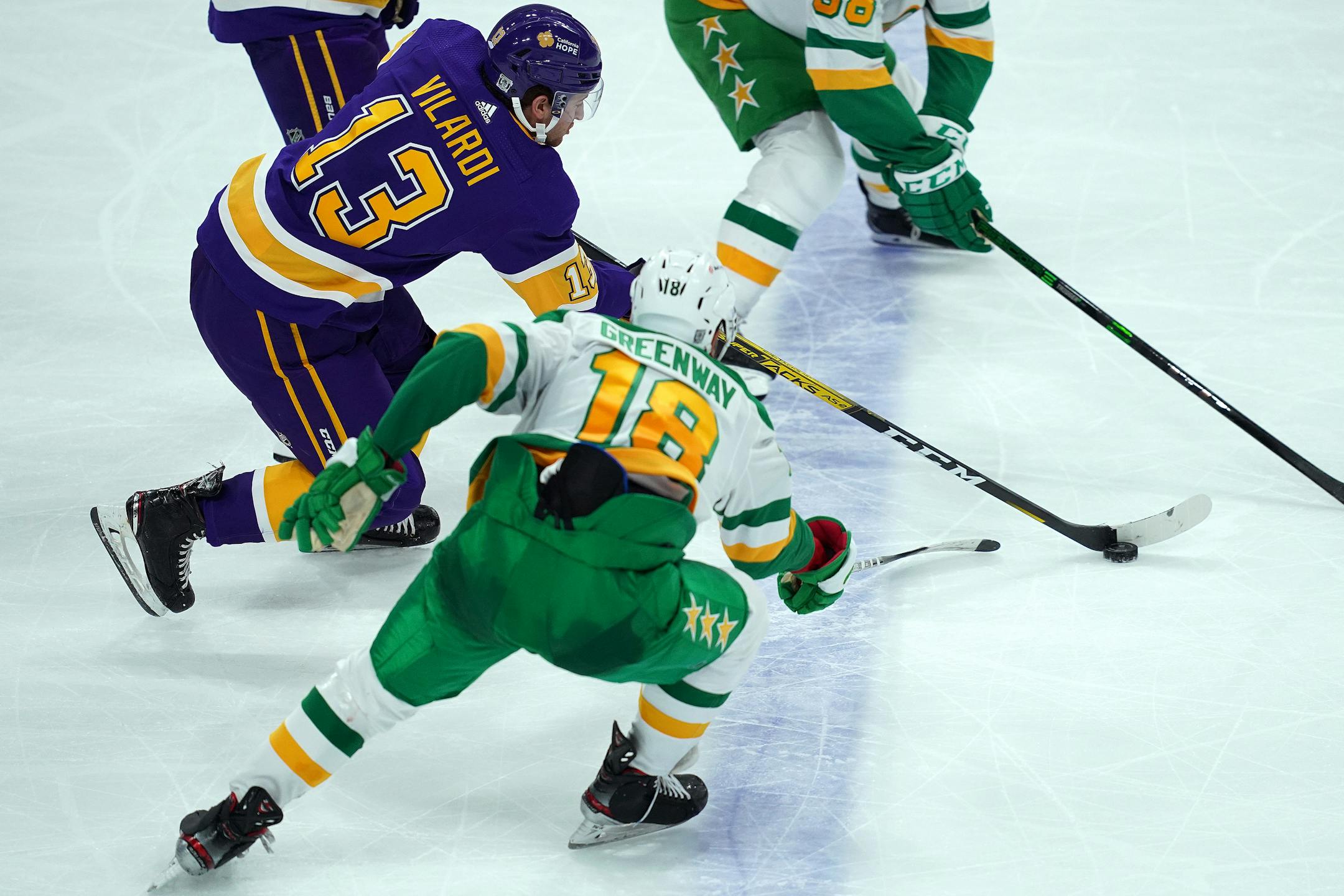 Los Angeles Kings center Gabriel Vilardi (13) broke past Minnesota Wild left wing Jordan Greenway (18) in the third period. ] ANTHONY SOUFFLE • anthony.souffle@startribune.com