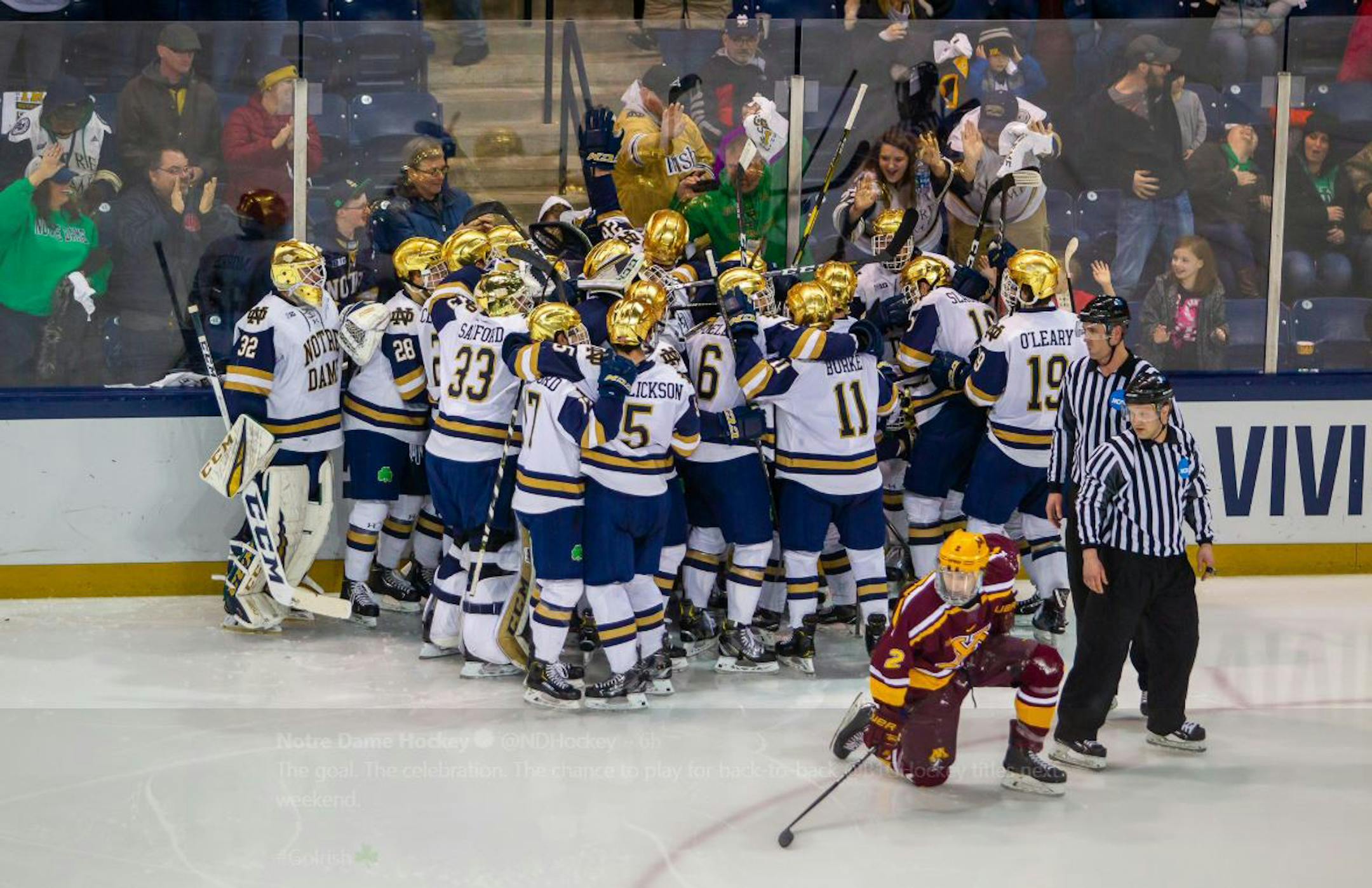 Notre Dame photo. Gophers senior defenseman Jack Sadek felt the sting of defeat while Notre Dame celebrated its winning goal Saturday, March 16, 2019.