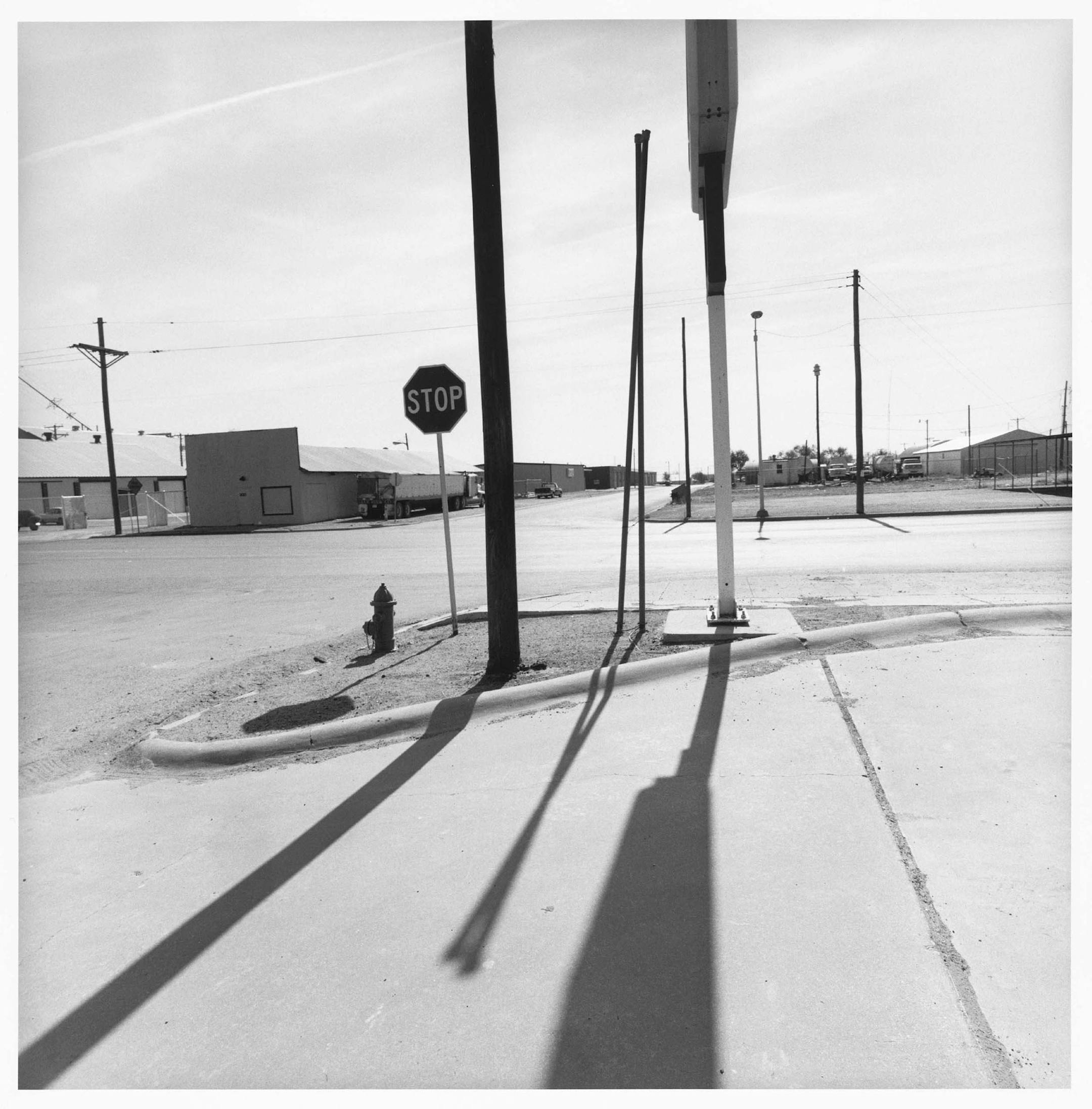 As if saying "Stop, look at this bizarre and desolate landscape," Friedlander photographed a quintessential American intersection cluttered with poles, signs, shadows and drab buildings in a composition that confounds and violates the rules of perspective and good design.