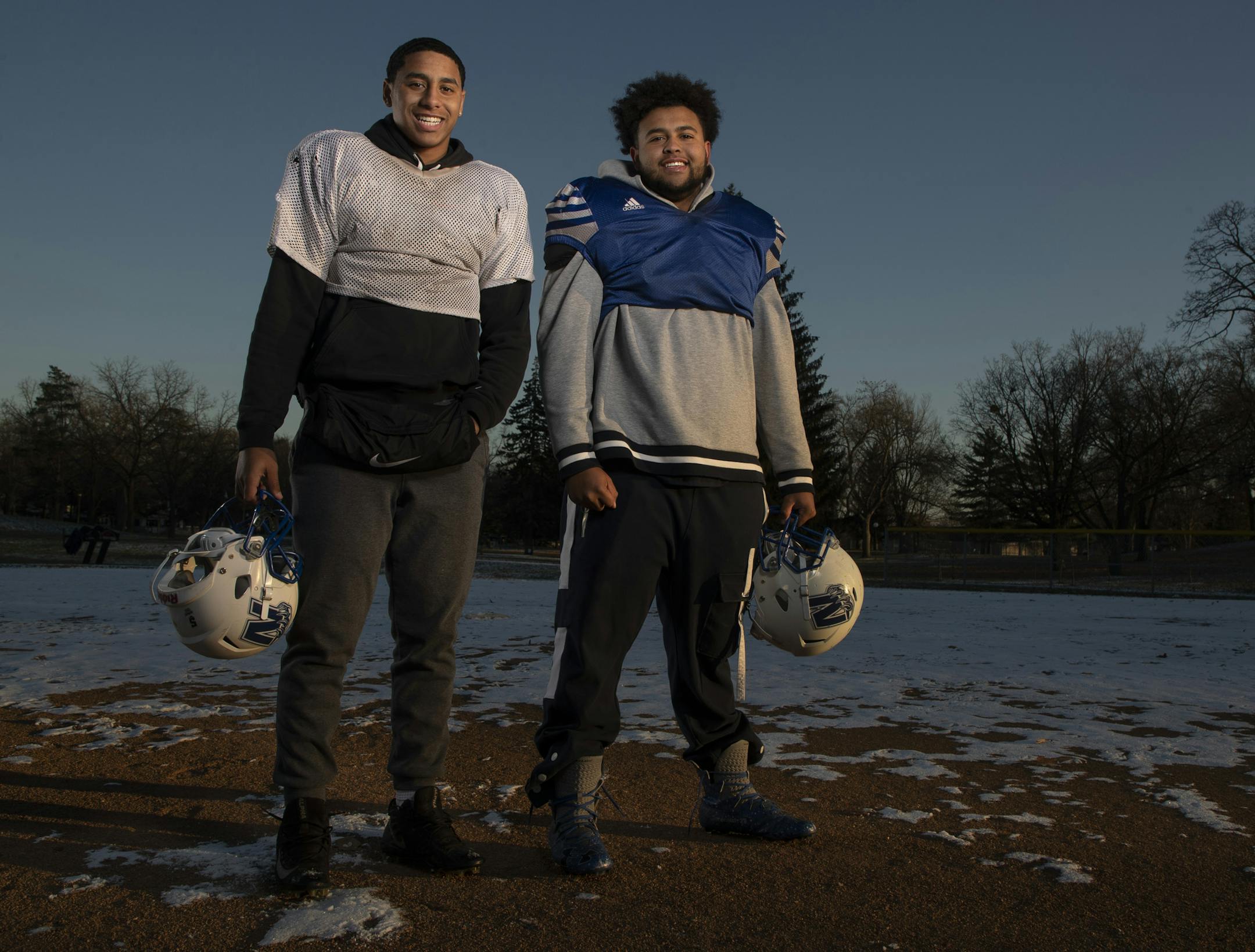Minneapolis North brothers Zack Yeager, left and Izaiah Yeager posed for a portrait during football practice at North Commons ParkTuesday November 13, 2018 in Minneapolis, MN.] Jerry Holt ï Jerry.holt@startribune.com