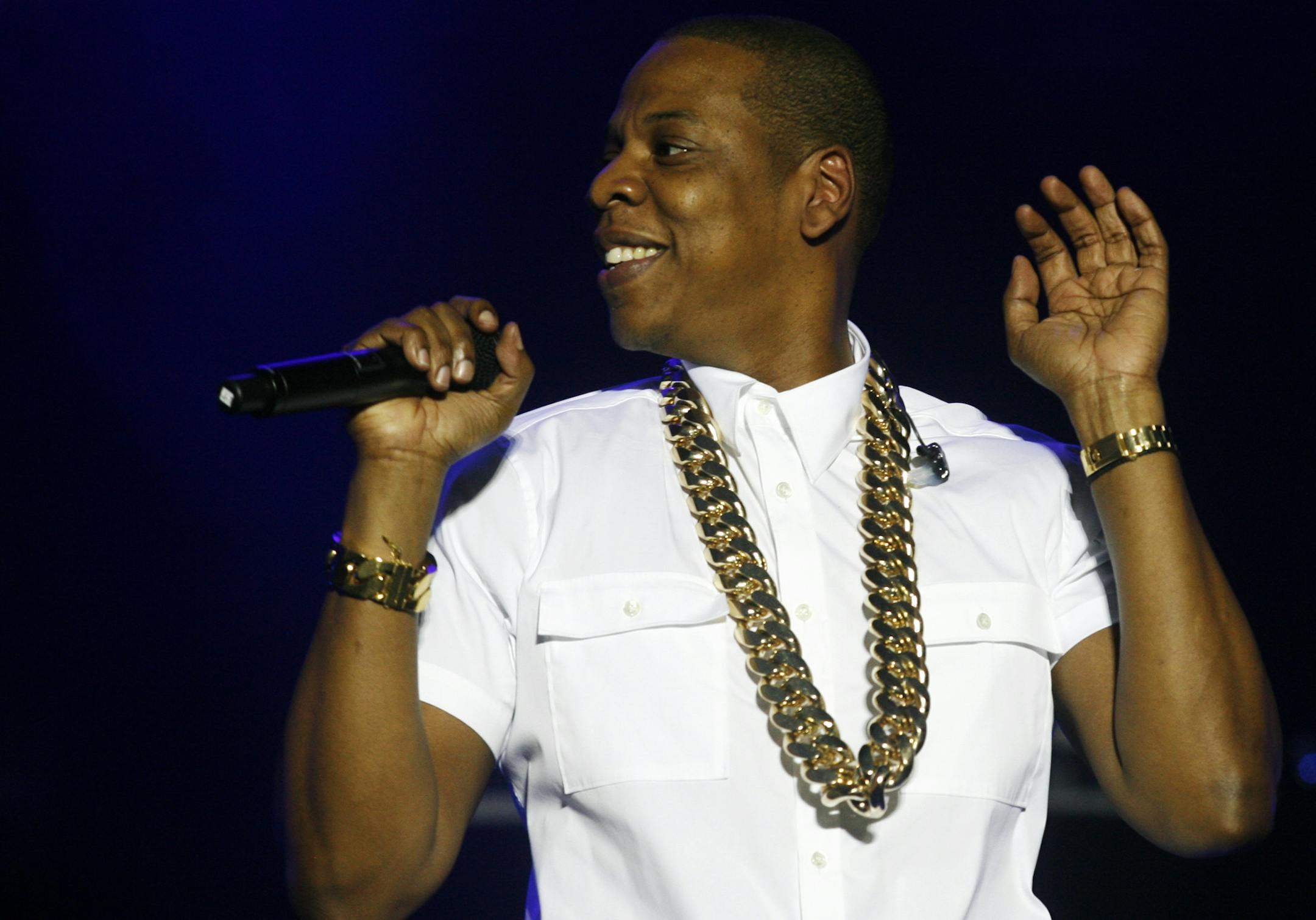 Jay Z performs at the Wireless Festival at the Queen Elizabeth Olympic Park in London in England on Saturday, July. 13, 2013. Thousands of people attended the event featuring headliner Jay Z. (Photo by Jim Ross/Invision/AP) ORG XMIT: MIN2013071909242418