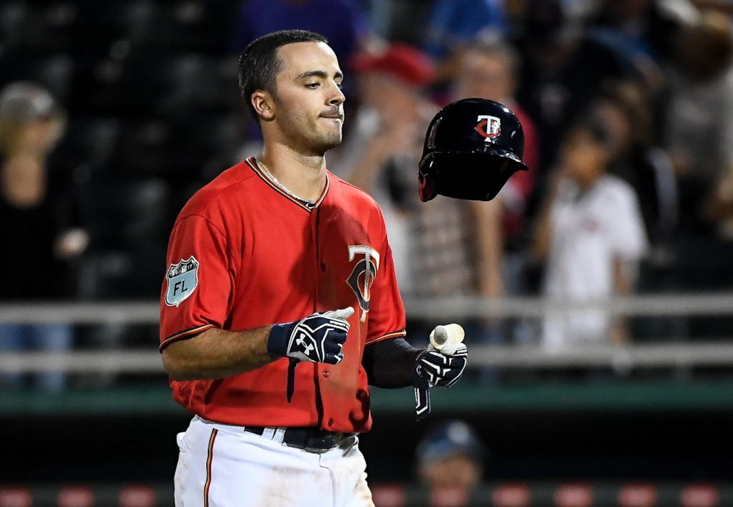 Minnesota outfielder Zack Granite flipped his helmet after grounding out to first in the bottom of the ninth inning, to end the inning and the game with one man on base. ] AARON LAVINSKY � aaron.lavinsky@startribune.com The Minnesota Twins played the Tampa Bay Rays on Friday, Feb. 24, 2017 at CenturyLink Sports Complex in Fort Myers, Fla.