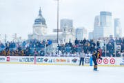 Against the backdrop of the Minneapolis skyline, players from Warroad and Minneapolis played a Hockey Day Minnesota game at Parade Stadium in 2020.