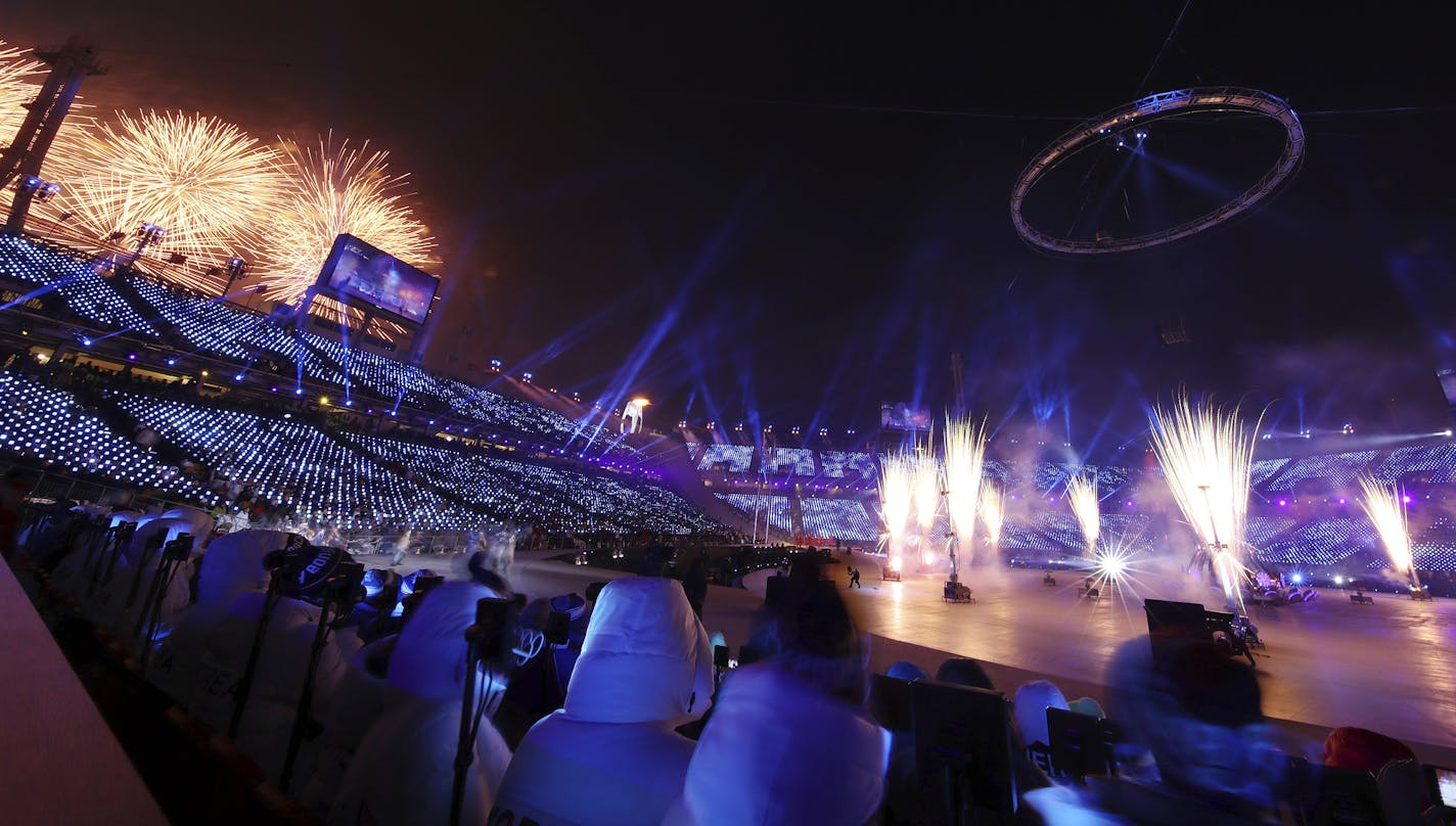 Fireworks explode over the opening ceremony of the 2018 Winter Olympics in Pyeongchang, South Korea, Friday, Feb. 9, 2018. (Clive Mason/Pool Photo via AP)