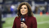 In this Nov. 19, 2017, file photo NBC sideline reporter Michele Tafoya reports before an NFL football game between the Philadelphia Eagles and Dallas Cowboys in Arlington, Texas. Tafoya will work her 250th NFL game as a sideline reported on Sunday night at AT&T Stadium when the Cowboys host the Giants. That's one of the favorite venues for Tafoya, who also has done games for ABC and ESPN and now is with NBC. (AP Photo/Ron Jenkins, File)