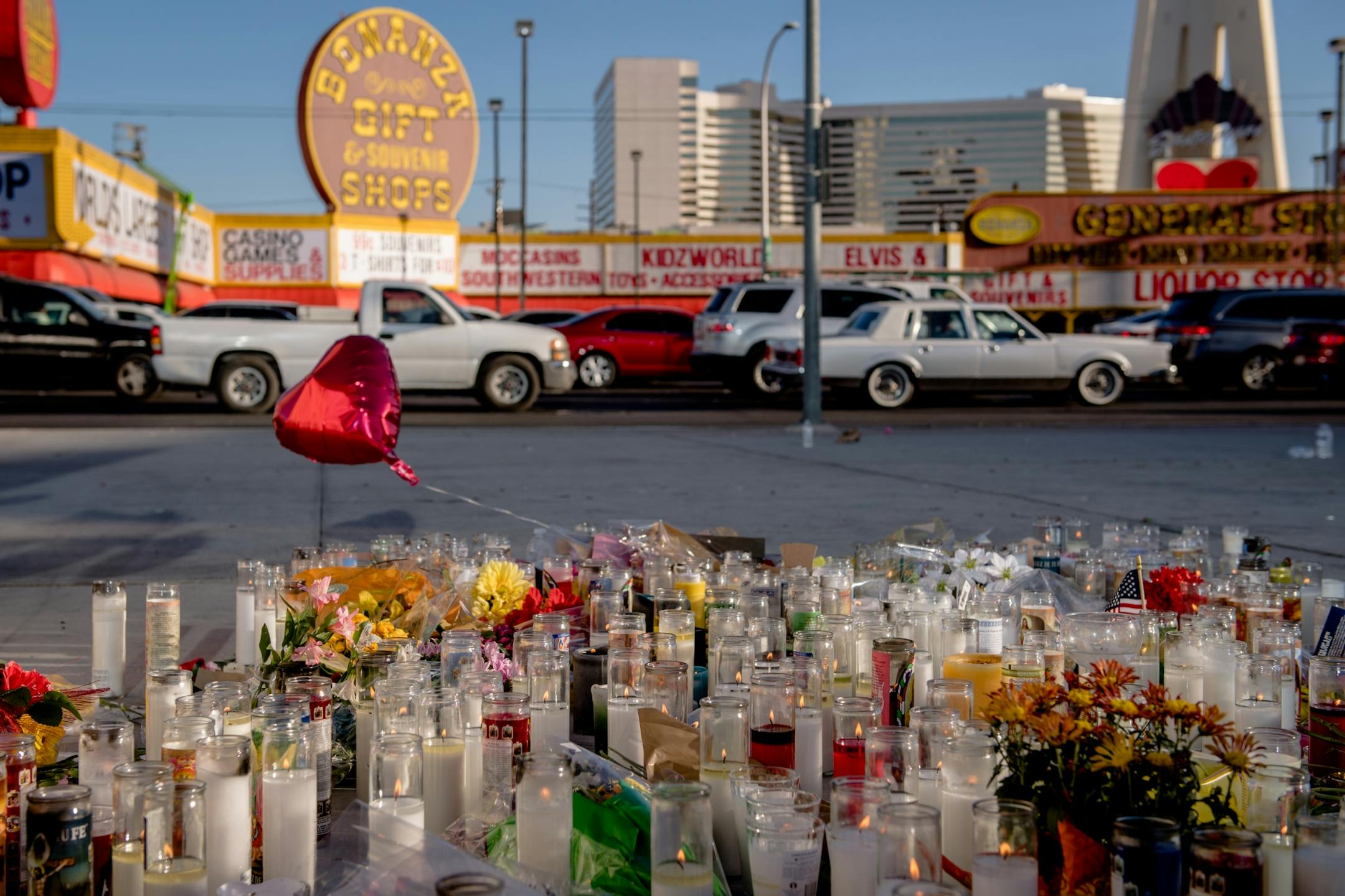 A makeshift memorial to victims of the mass shooting on Sunday night, on the northern end of the Las Vegas strip, Oct. 3, 2017. A lone gunman opened fire from the 32nd floor of the Mandalay Bay Casino and Resort on Sunday night, killing at least 59 and wounding at least 527 more at a country music festival below.