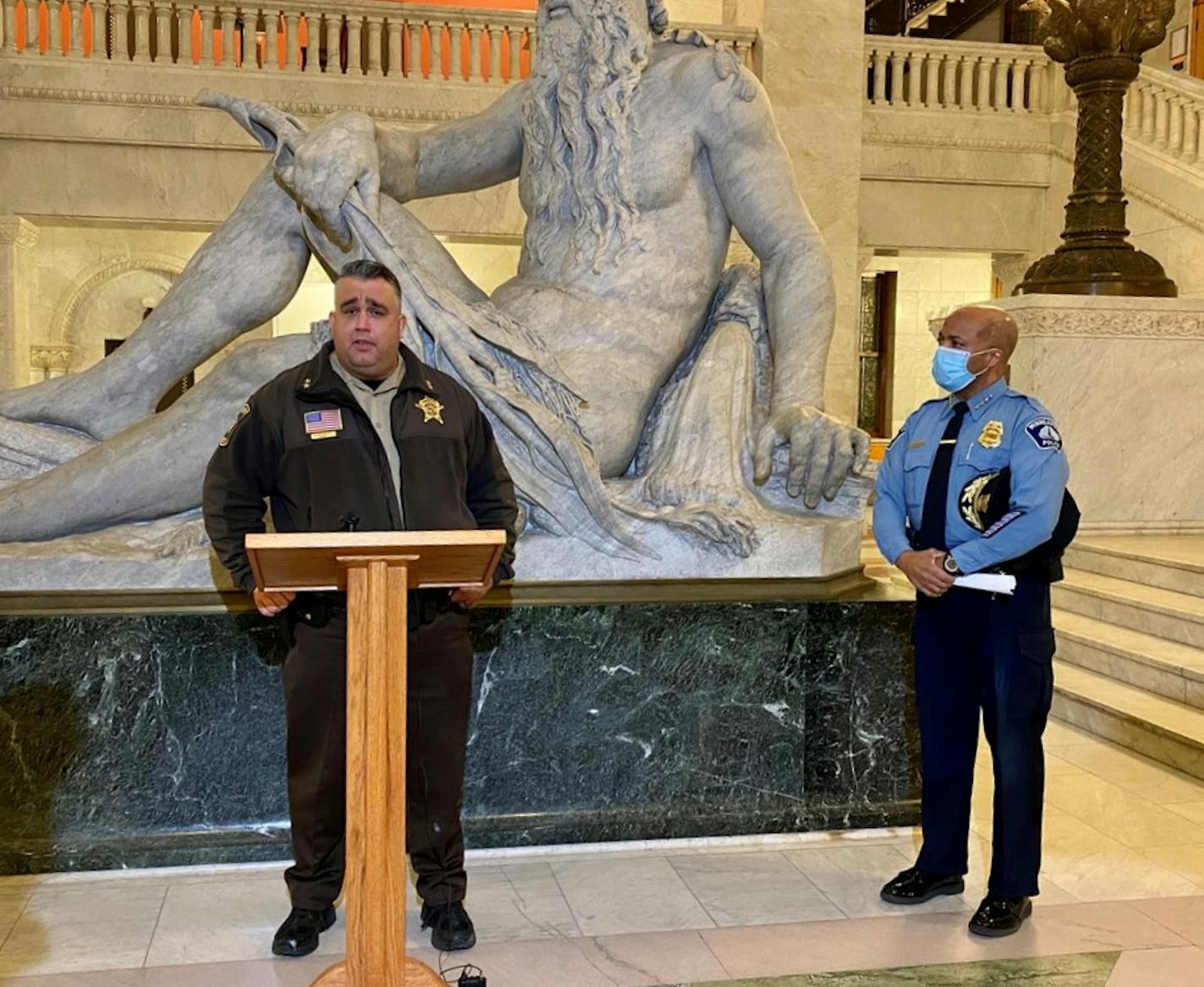 Hennepin County Sheriff David Hutchinson and Minneapolis Police Chief Medaria Arradondo discuss a joint effort last week involving helicopers to rein in carjackings which resulted in 41 arrests.