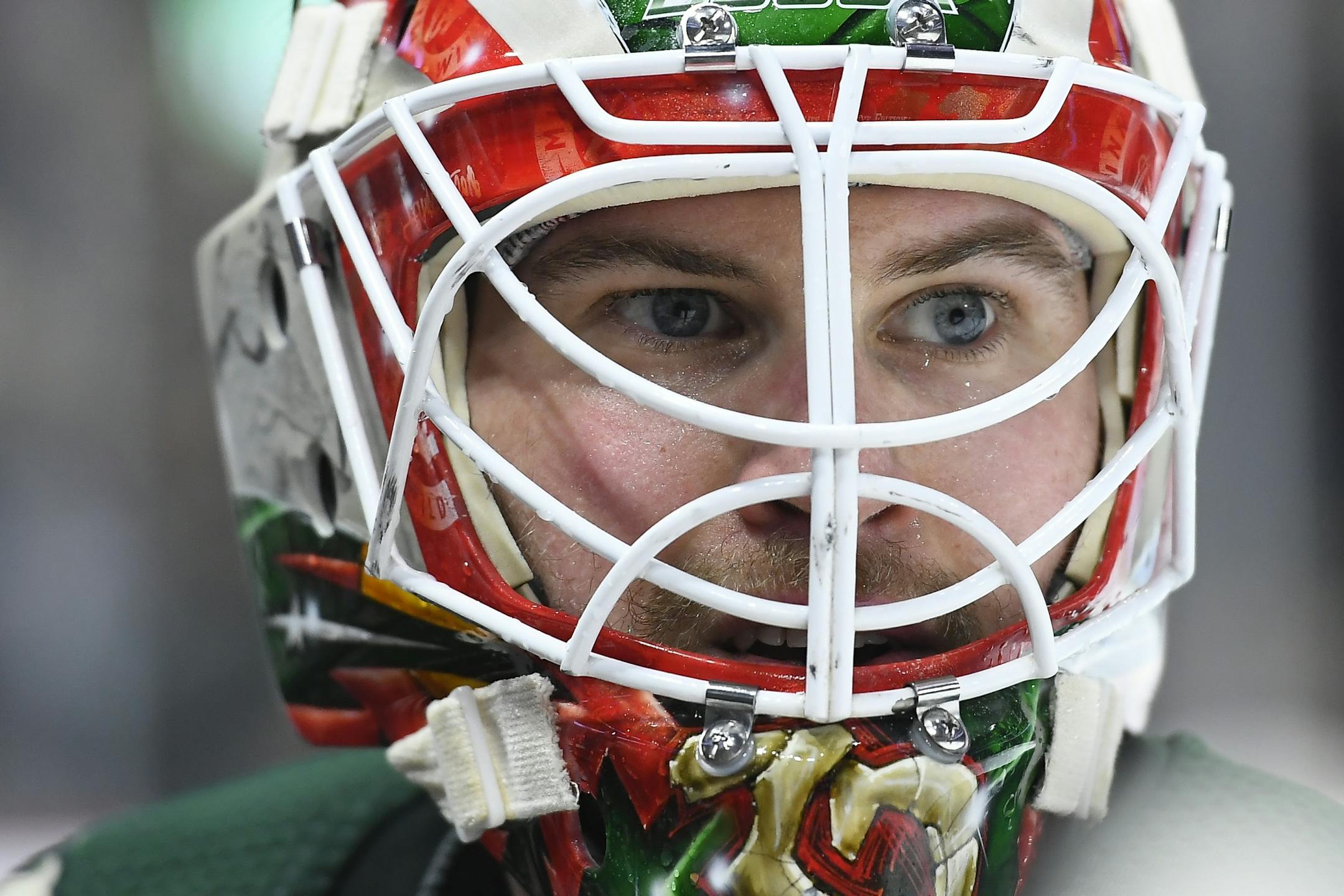 Minnesota Wild goaltender Alex Stalock (32) during a second period break in the action.