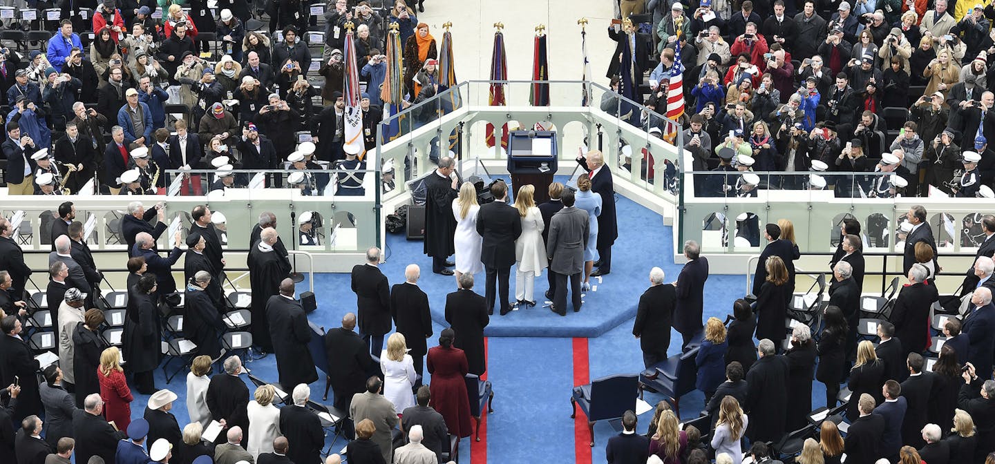 Donald Trump is sworn-in as the 45th president on Capitol Hill in Washington, Friday, Jan. 20, 2017. (Ricky Carioti/The Washington Post, Pool Photo via AP) ORG XMIT: MIN2017012014334360