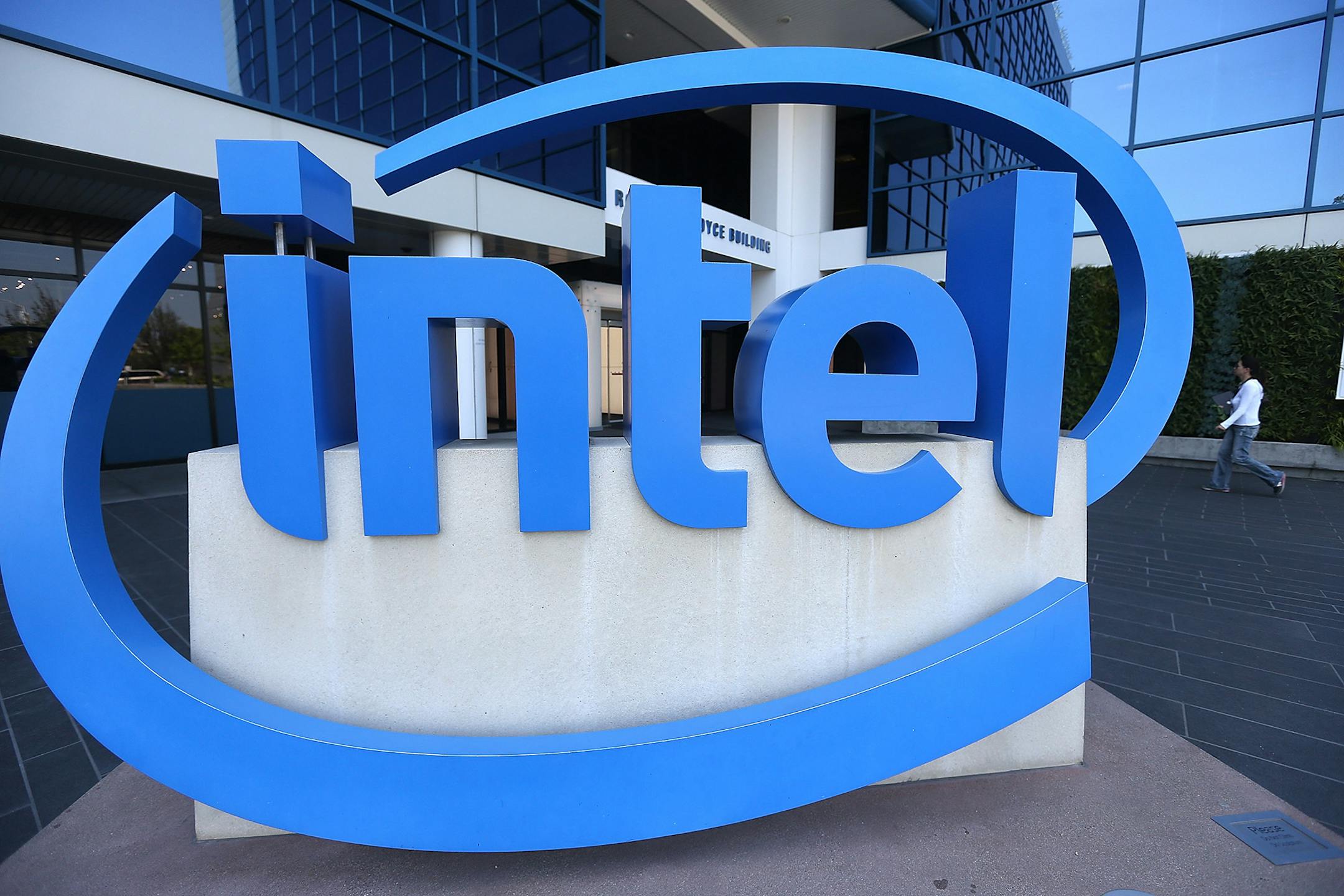 The Intel logo is displayed outside of the Intel headquarters on April 26, 2018 in Santa Clara, Calif. (Justin Sullivan/Getty Images/TNS)