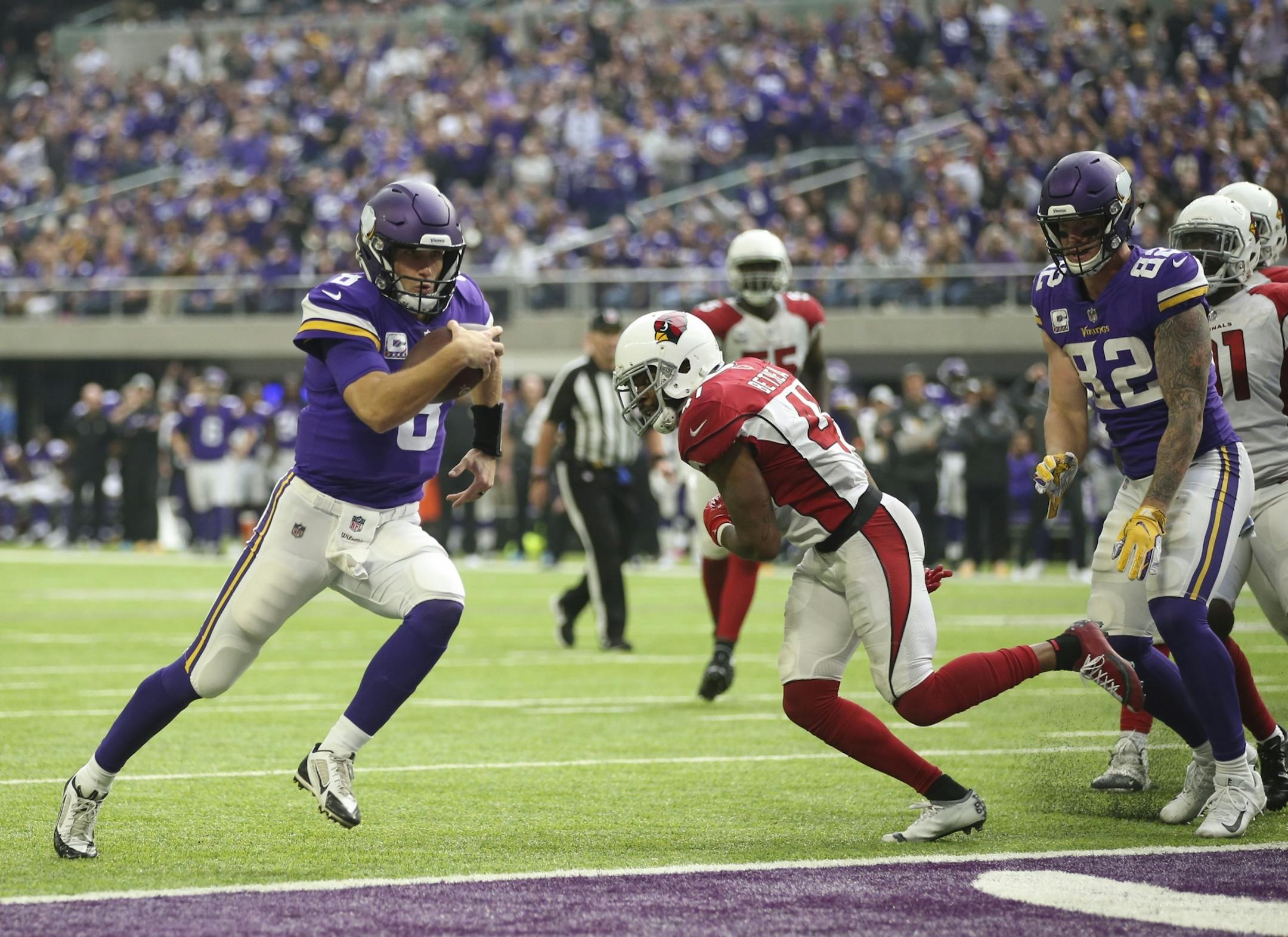 Minnesota Vikings quarterback Kirk Cousins pranced into the end zone untouched on a seven yard touchdown run in the third quarter.