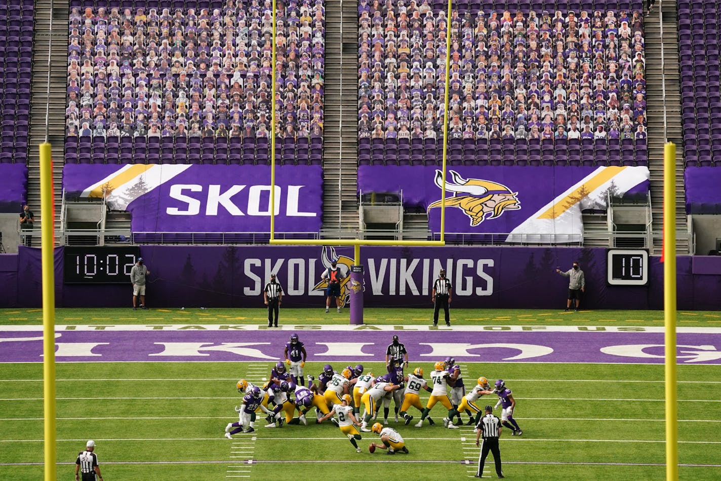 Mason Crosby kicked an extra point for Green Bay in the fourth quarter Sunday against the Vikings at U.S. Bank Stadium, where cutouts of fans filled one section.