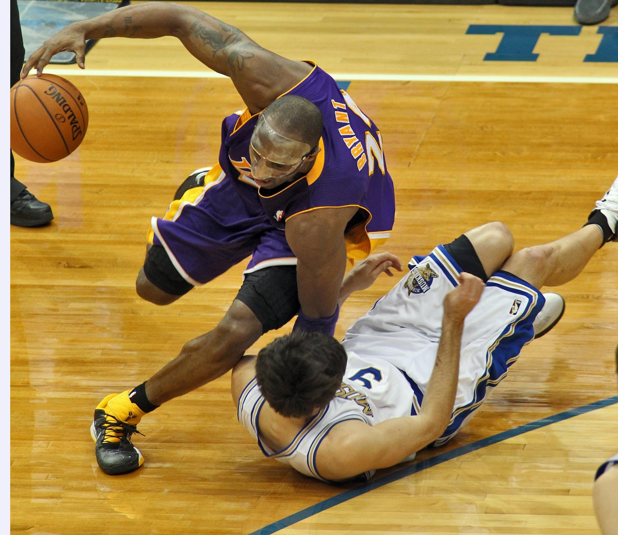 Timberwolves vs. LA Lakers. Lakers won 105-102. Wolves Ricky Rubio went down with a leg injury guarding Lakers Kobe Bryant late in the game. Rubio had to leave the game.
