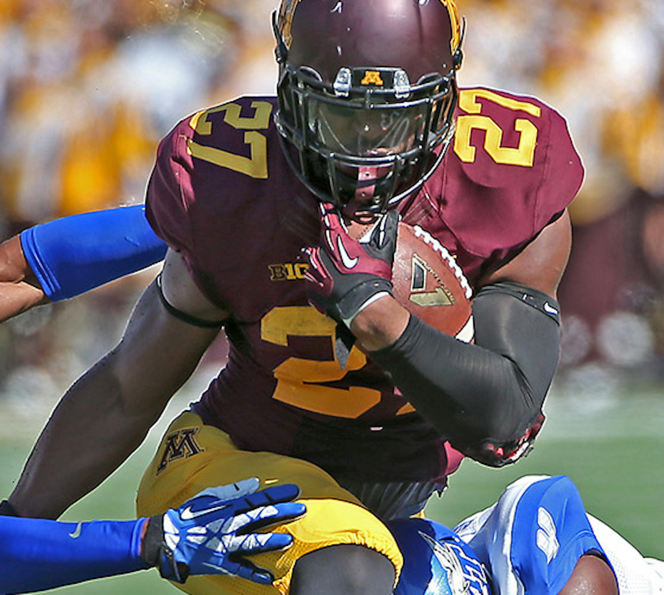 Minnesota senior running back David Cobb plowed through a Middle Tennessee defense for a 15 yard run during the first quarter as the Minnesota Gophers took on Middle Tennessee at TCF Bank Stadium, Saturday, September 6, 2014 in Minneapolis, MN. ] (ELIZABETH FLORES/STAR TRIBUNE) ELIZABETH FLORES &#x2022; eflores@startribune.com ORG XMIT: MIN1409061639090368 ORG XMIT: MIN1409061710280370