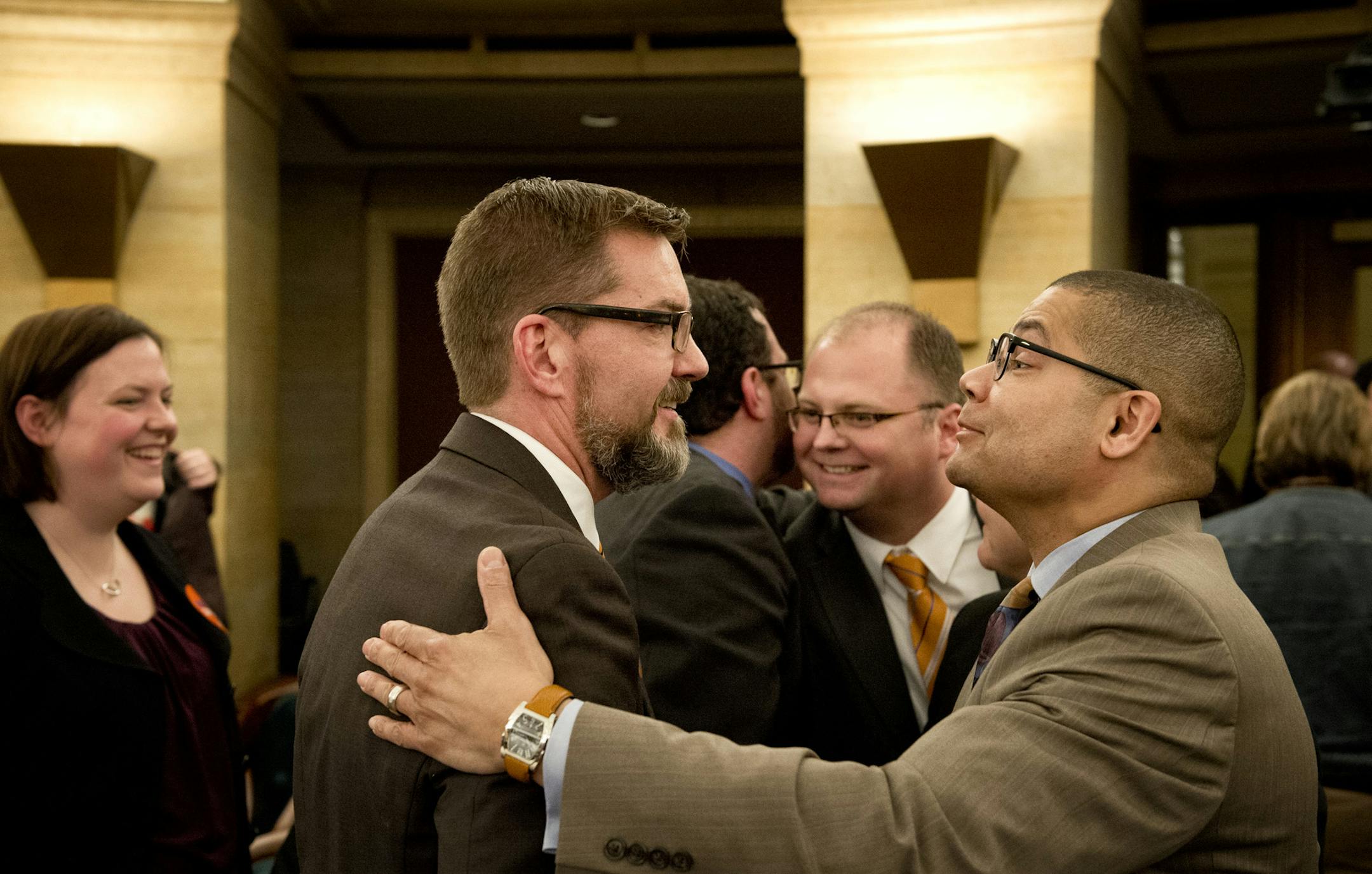 Bill author Sen. Scott Dibble got a congratulatory hug from supporter Chip Martin who earlier testified in support of the bill. . The Senate judiciary committee passed the same-sex marriage bill 5-3. Tuesday, March 12, 2013. ] GLEN STUBBE * gstubbe@startribune.com