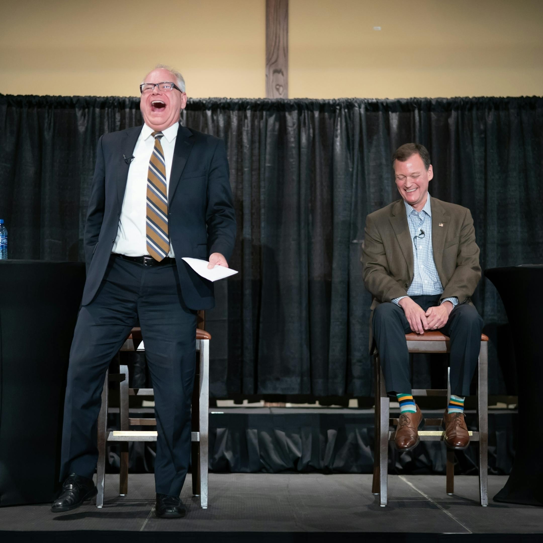 Each candidates for governor, Tim Walz and Jeff Johnson, stood as they made their closing arguments at the end of their first debate at Grand View Lodge, Nisswa, MN. Tom Hauser of KSTP moderated the debate.
