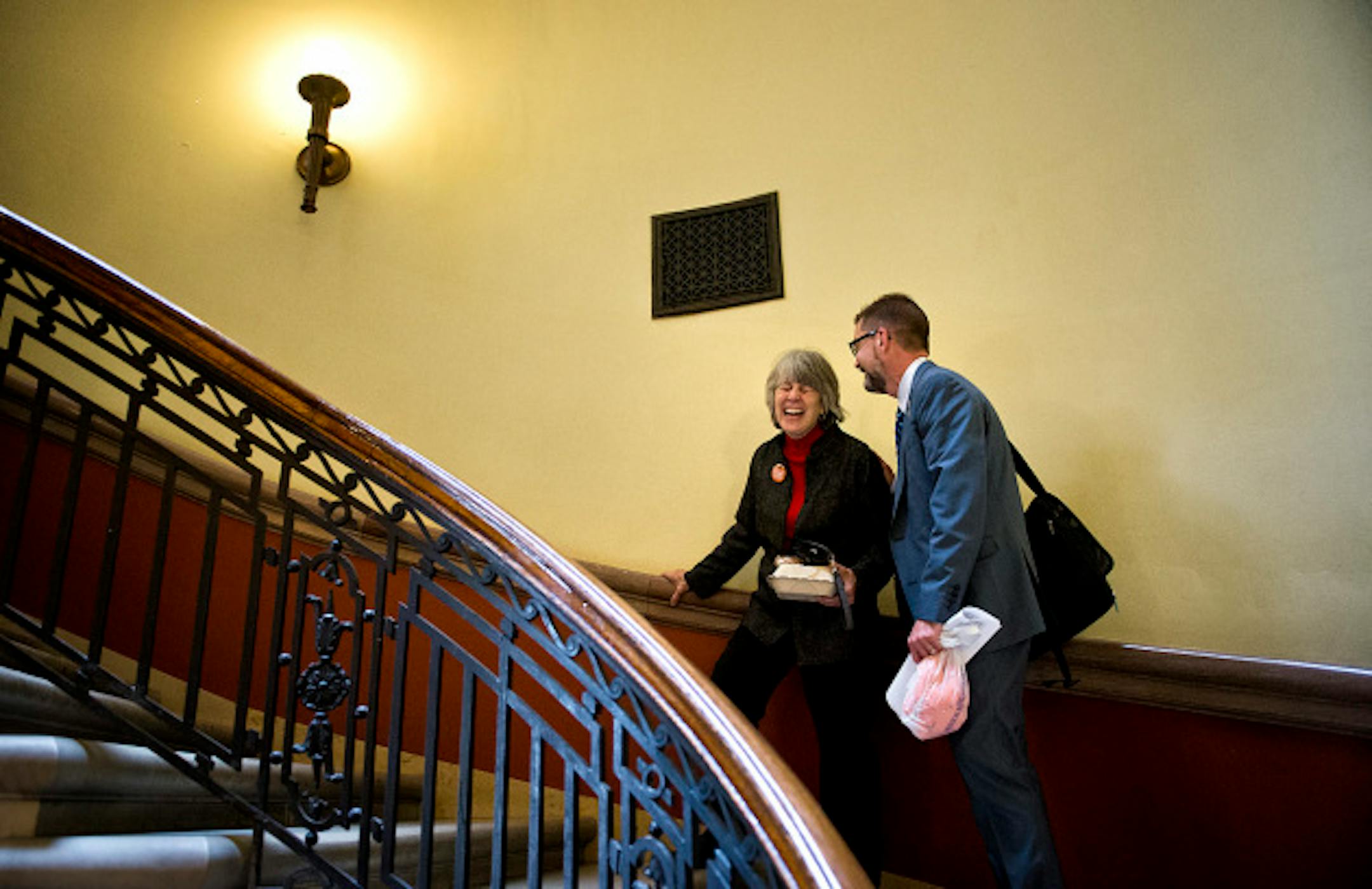 Sen Scott Dibble had a chance meeting with Rep. Karen Clark before debate started.  Marriage debate will start in the Senate.  Monday, May 13, 2013    ]   GLEN STUBBE * gstubbe@startribune.com