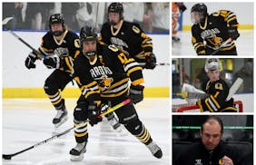 Clockwise from left: Jason Shaugabay leads the charge for Warroad, Carson Pilgrim helps with scoring, Hampton Slukynsky mans the goal and Jay Hardwick