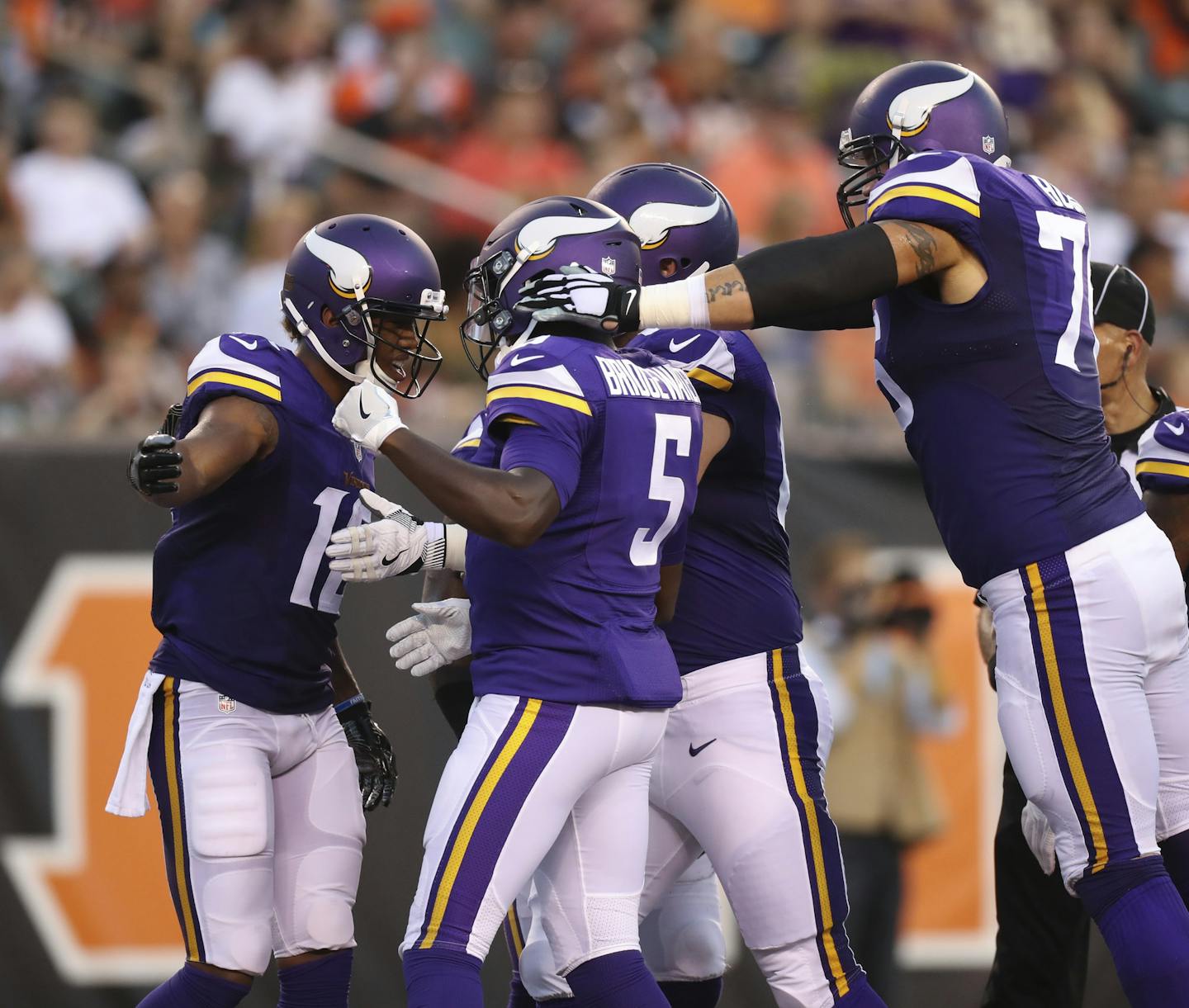 Vikings wide receiver Charles Johnson, left, and quarterback Teddy Bridgewater celebrated their 49-yard touchdown connection in the second quarter Friday night in Cincinnati.