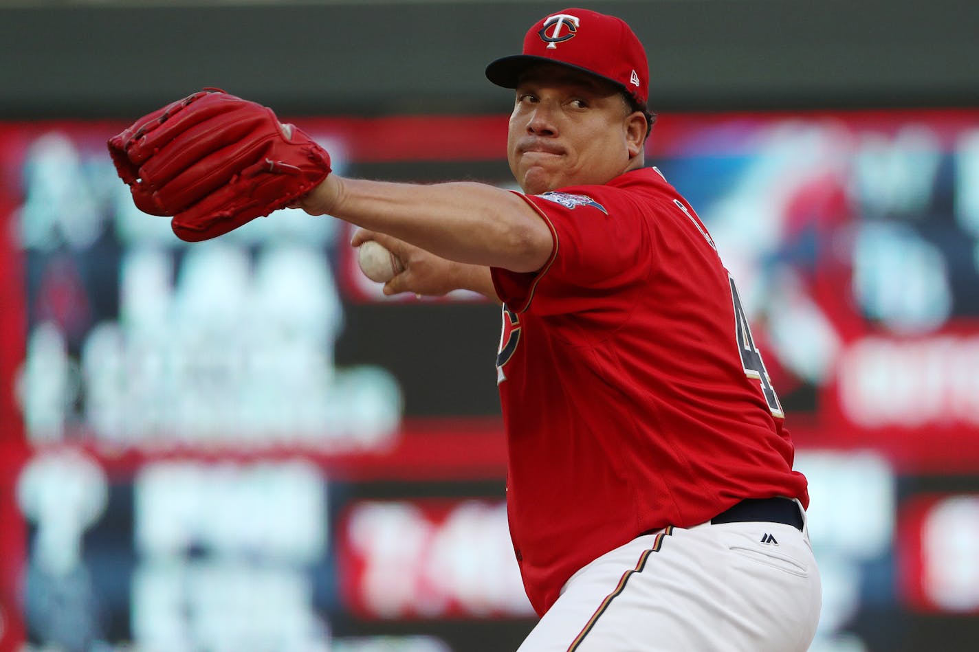 Minnesota Twins starting pitcher Bartolo Colon (40) delivered a pitch in the first inning. ] ANTHONY SOUFFLE � anthony.souffle@startribune.com Game action from an MLB game between the Minnesota Twins and the Texas Rangers Friday, Aug. 4, 2017 at Target Field in Minneapolis.