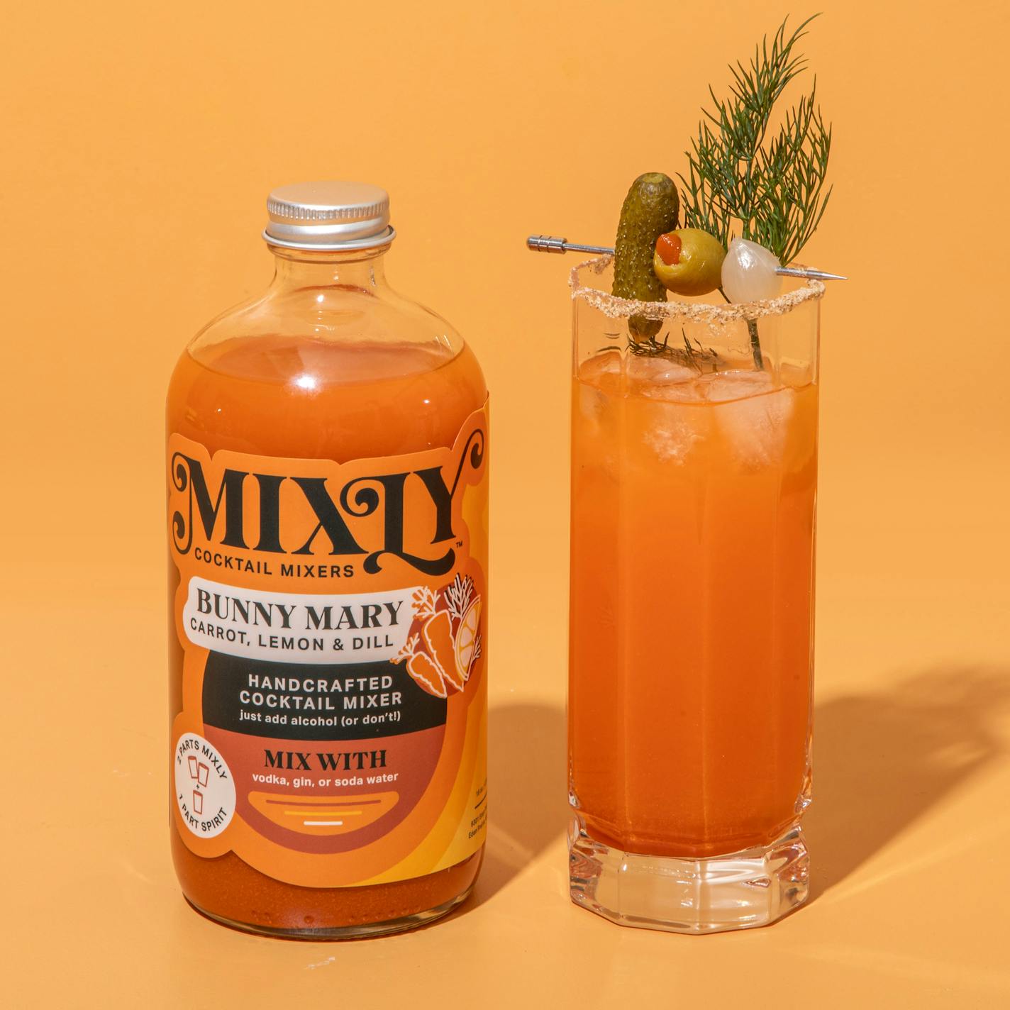 Mixly's Bunny Mary cocktail mixer is a base of carrot juice with lemon and dill notes, garnished with pickles, onion and olives.