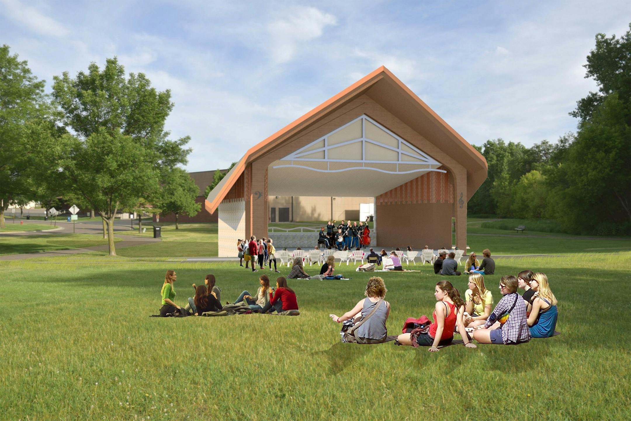 A rendering of a band shell near the southwest corner of Veterans Park in Richfield. The construction of the project was approved by the City Council Tuesday night.