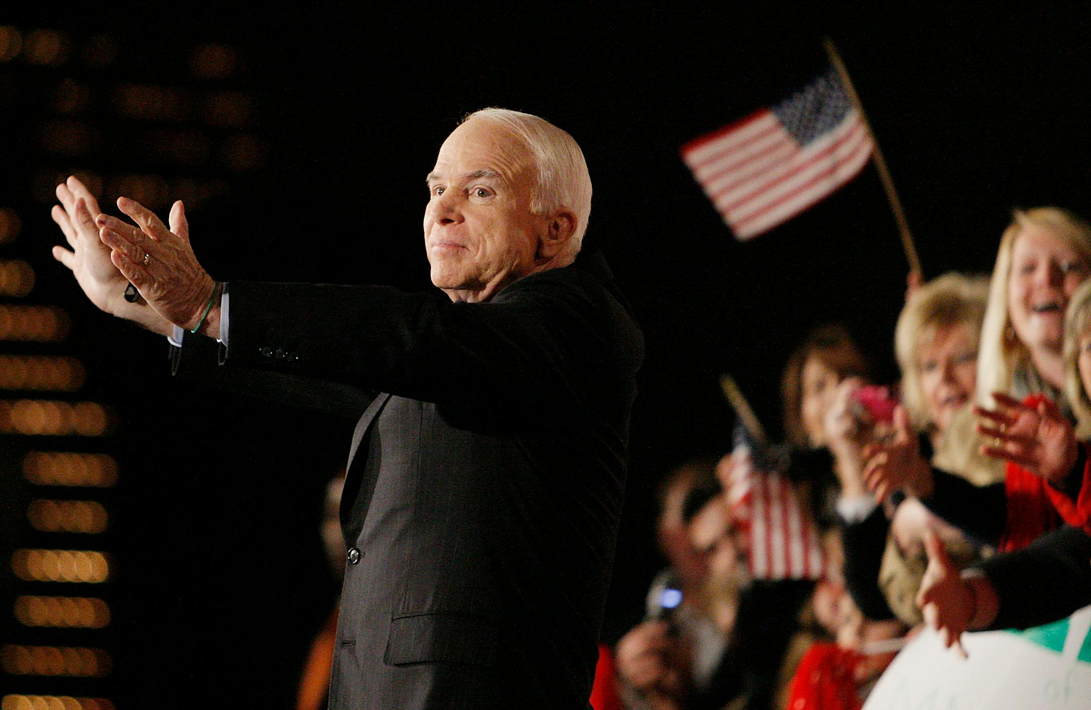 Republican presidential candidate Sen. John McCain, R-Ariz., acknowledges the cheers of supporters during a campaign rally at The Forum in Harrisburg, Penn., Tuesday, Oct. 21, 2008.