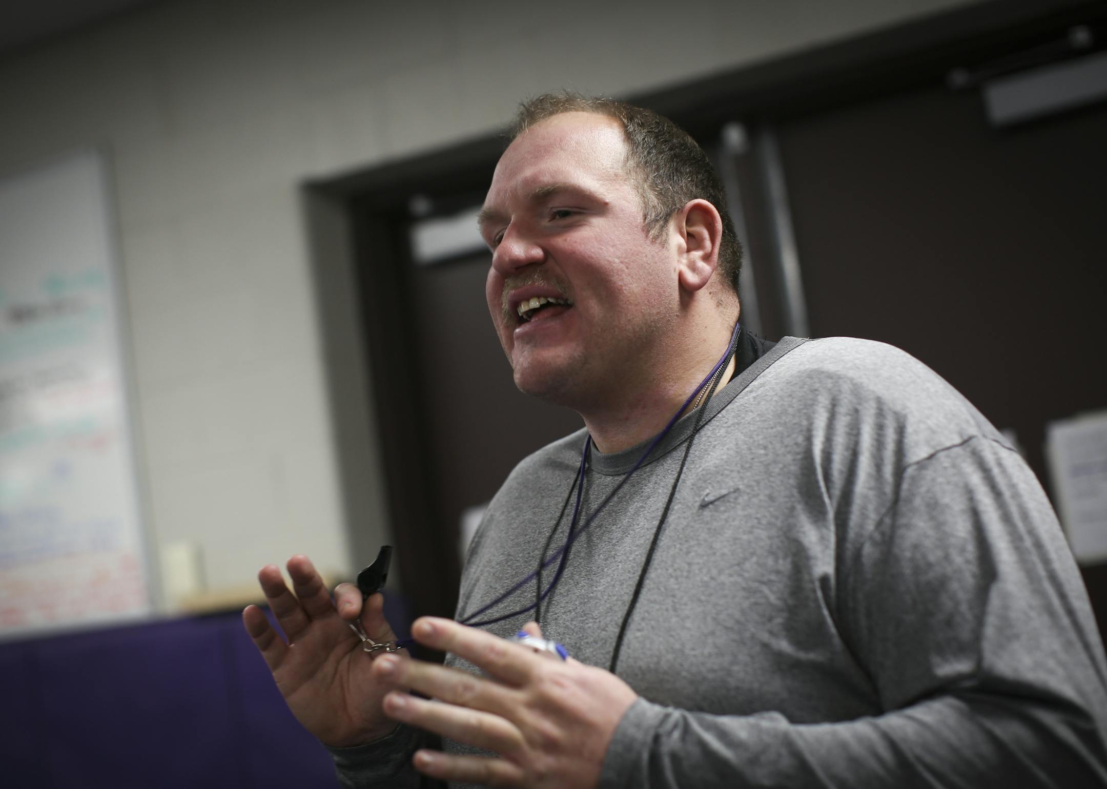 Buffalo wrestling coach Jason Maurer during wrestling practice at Buffalo High School in Buffalo, Minn., on Thursday, December 4, 2014. ] REN√âE JONES SCHNEIDER reneejones@startribune.com Maurer is still recovering after he went into full cardiac arrest during softball game last May.