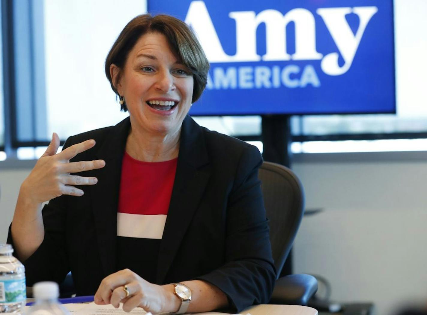 FILE - In this Tuesday, April 16, 2019 file photo, Democratic presidential candidate Amy Klobuchar speaks during a roundtable discussion on health care, in Miami. Former President Jimmy Carter has never been known as a key player in Democratic Party politics, but he's re-emerging in the 2020 is presidential race as some candidates go to Plains, Ga., to seek the 94-year-old's advice. Minnesota Sen. Klobuchar says Carter's 1976 campaign after the Watergate scandal drove Richard Nixon from the Oval