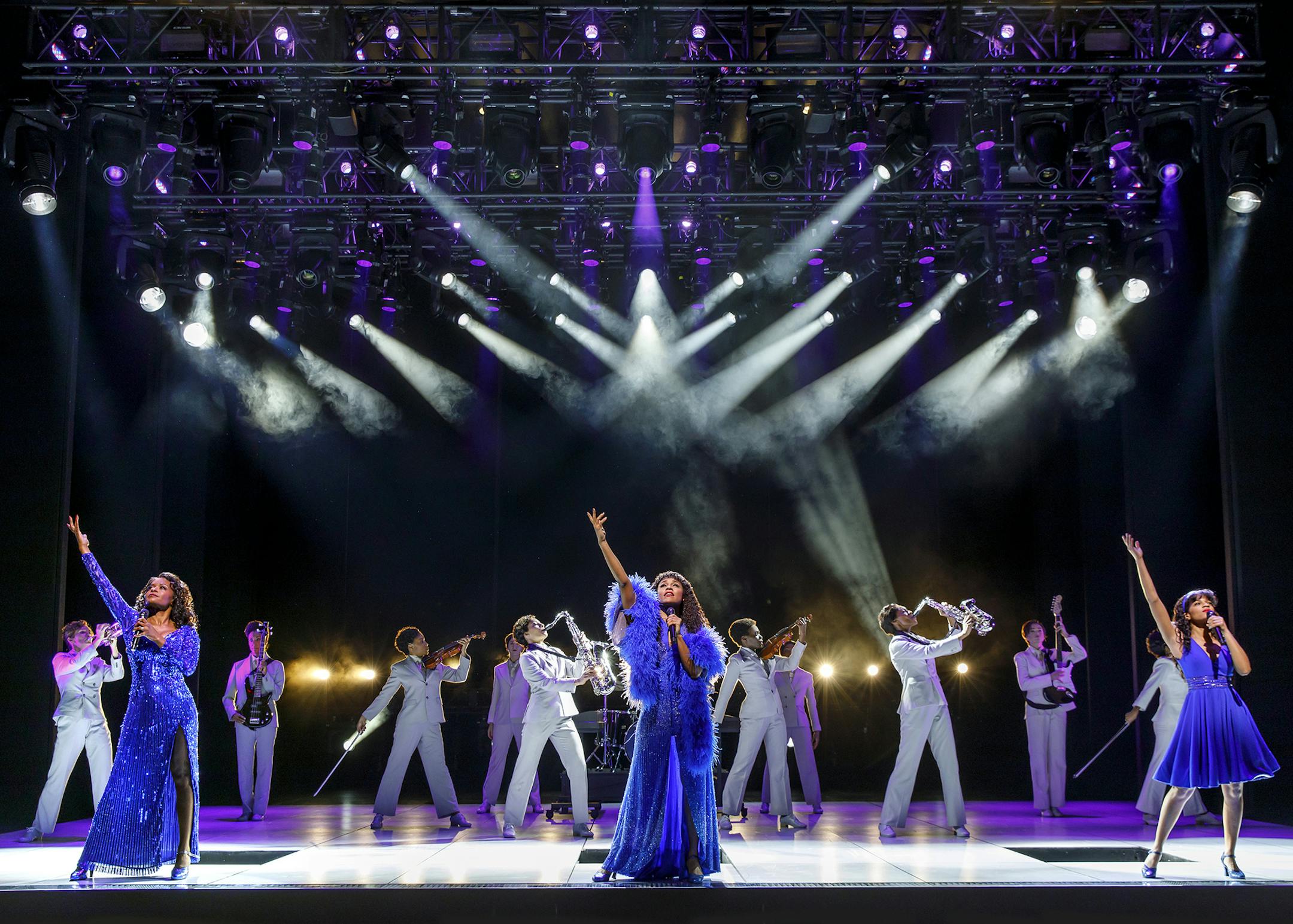 LaChanze as “Diva Donna,” Ariana DeBose as “Disco Donna,” Storm Lever
as “Duckling Donna” and company in "Summer: The Donna Summer Musical." Photo by Joan Marcus