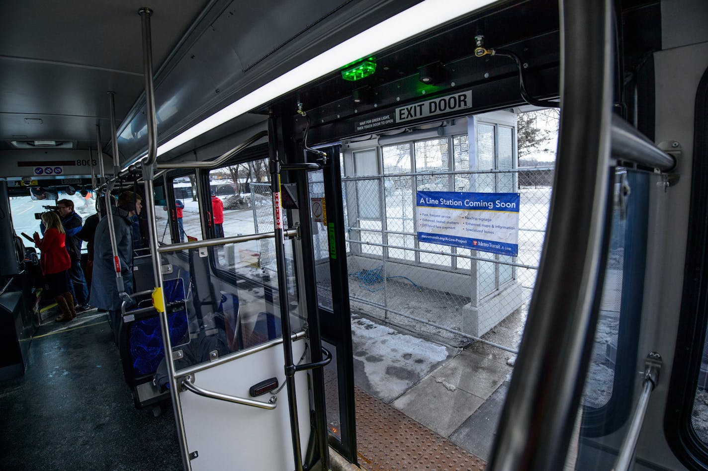 New A Line busses have larger doors allowing passengers to come and go more freely. ] GLEN STUBBE * gstubbe@startribune.com Wednesday, February 10, 2016 We get a tour of the new Arterial Bus-Rapid Transit system on Snelling Ave., which will connect the 46th Blue Line light-rail station to Rosedale later this spring.Though a dozen BRT lines are planned for the Twin Cities, only one has opened so far -- the Red Line, which connects the Mall of America to Apple Valley (and with mixed results). Puri