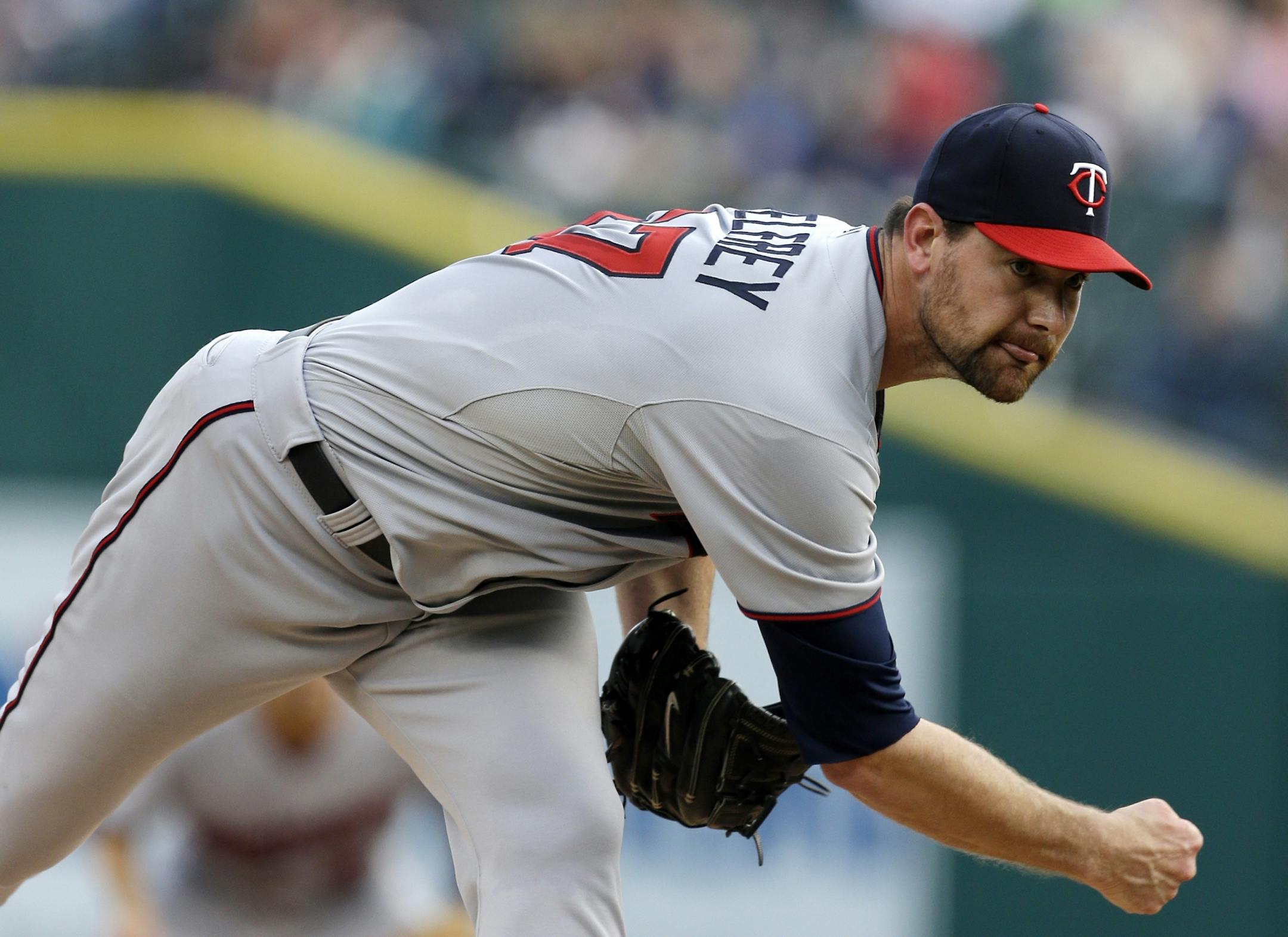 Minnesota Twins starting pitcher Mike Pelfrey throws during the first inning of a baseball game against the Detroit Tigers in Detroit, Monday, April 29, 2013.