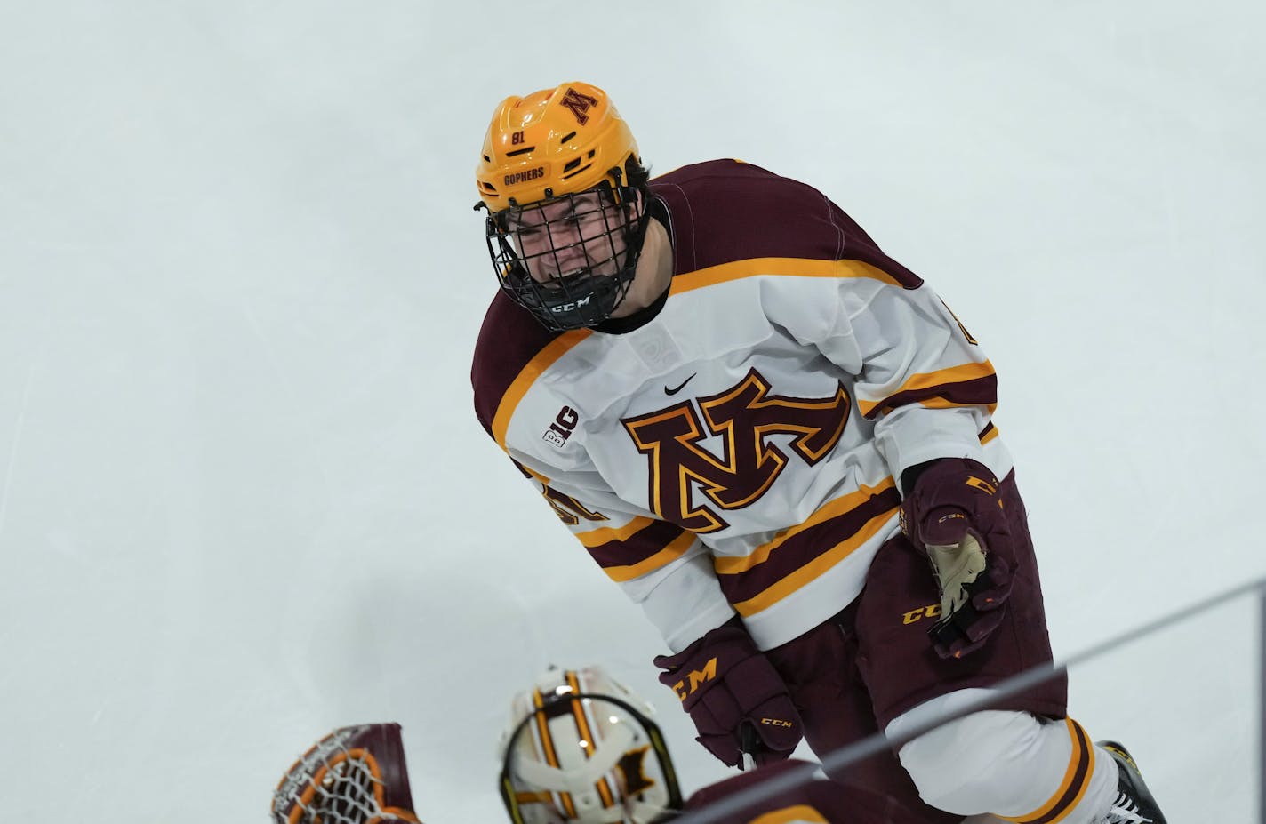 Minnesota Gophers forward Jimmy Snuggerud (81) celebrates scoring to tie the game with the bench in the second period. The Minnesota Gopher's men's hockey hosted Notre Dame at 3M Arena at Mariucci on Friday, Nov. 17, 2023 in Minneapolis, Minn. ] RENEE JONES SCHNEIDER • renee.jones@startribune.com