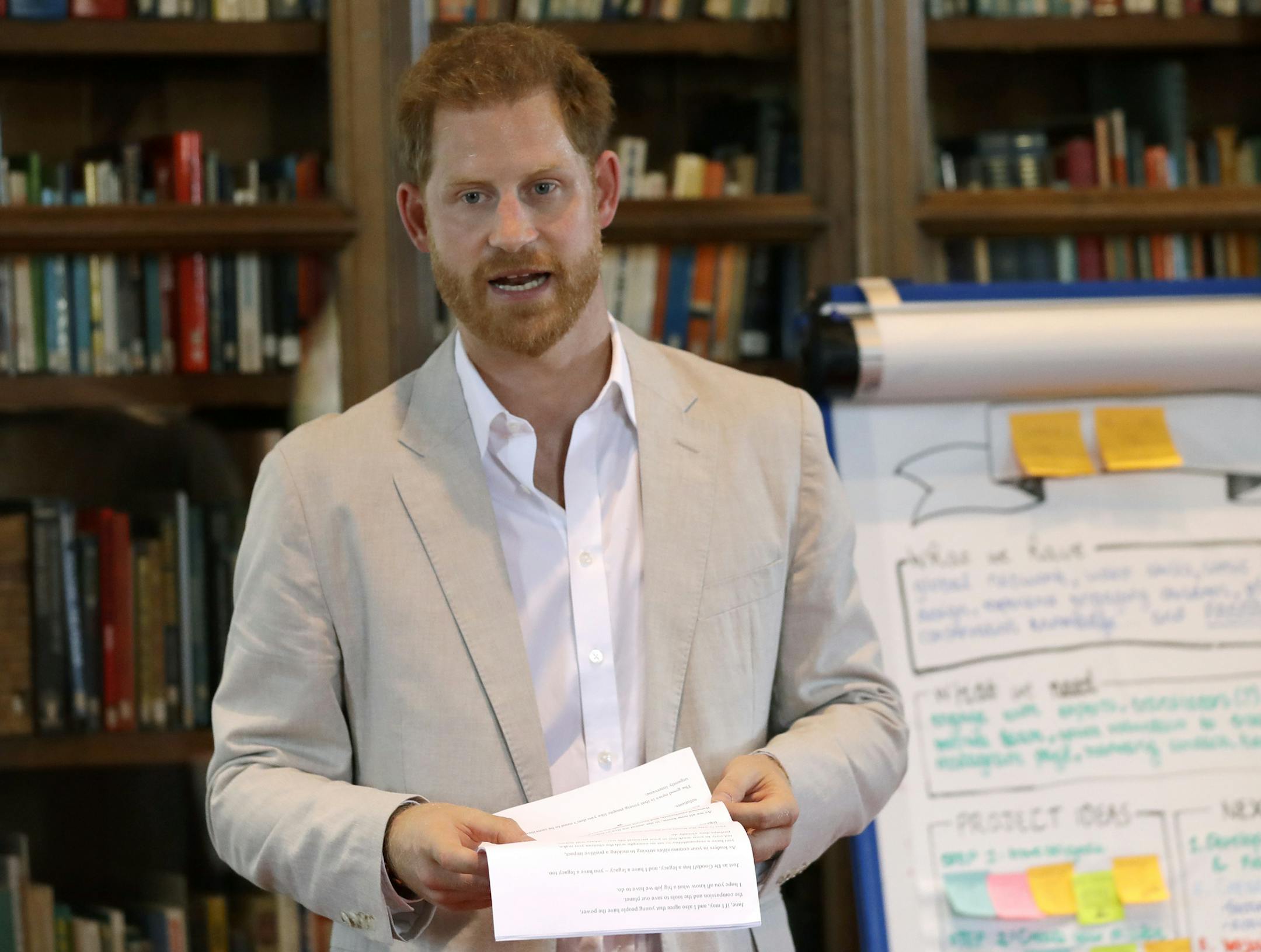 FILE - In this July 23, 2019 file photo, Britain's Prince Harry delivers a speech as he attends Dr Jane Goodall's Roots & Shoots Global Leadership Meeting at St. George's House, Windsor Castle in England. The eco-minded Prince Harry announces a massive travel sustainability initiative in partnership with key service providers that’s aimed at bettering the practices of the global industry amid an ever-increasing number of travelers. The Duke of Sussex announced Travalyst at a news conferen