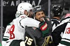 Vegas Golden Knights right wing Ryan Reaves (75) smiles after getting into a scuffle with the Minnesota Wild during the second period of Game 1 of a f