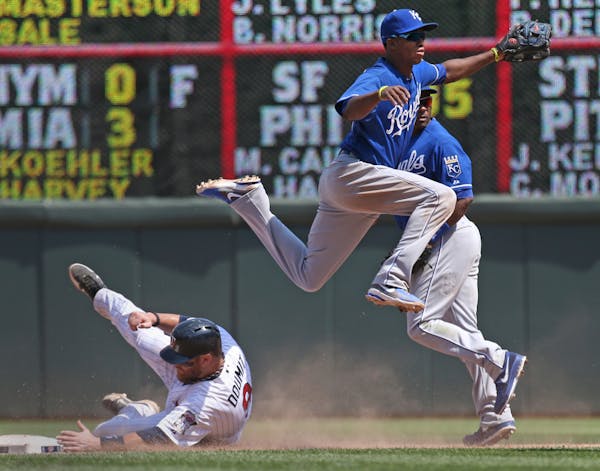 Minnesota's Ryan Doumit was out at second as Kansas City's Alcides Escobar finished a double play throw to first base in the eighth inning Thursday.