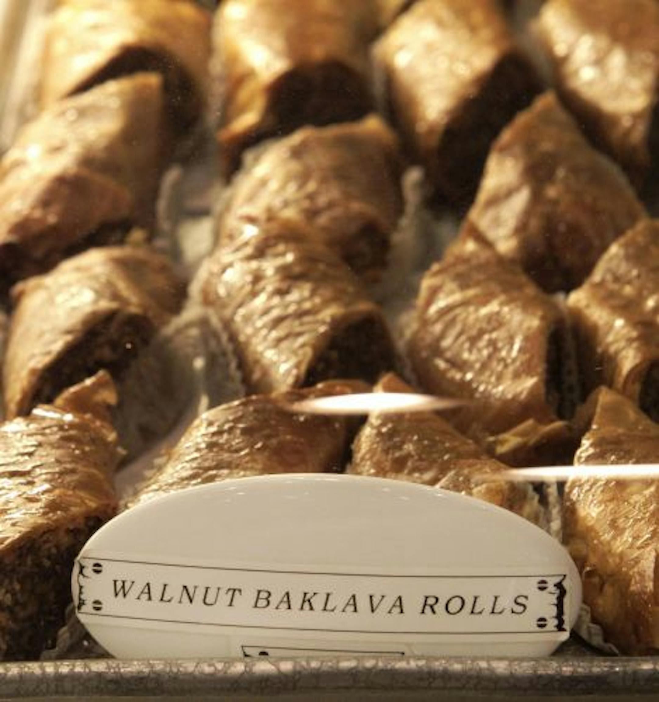 This photo taken Nov. 5, 2009 shows a tray of Walnut Baklava rolls at the Artopolis Bakery and Cafe in Chicago's Greektown.