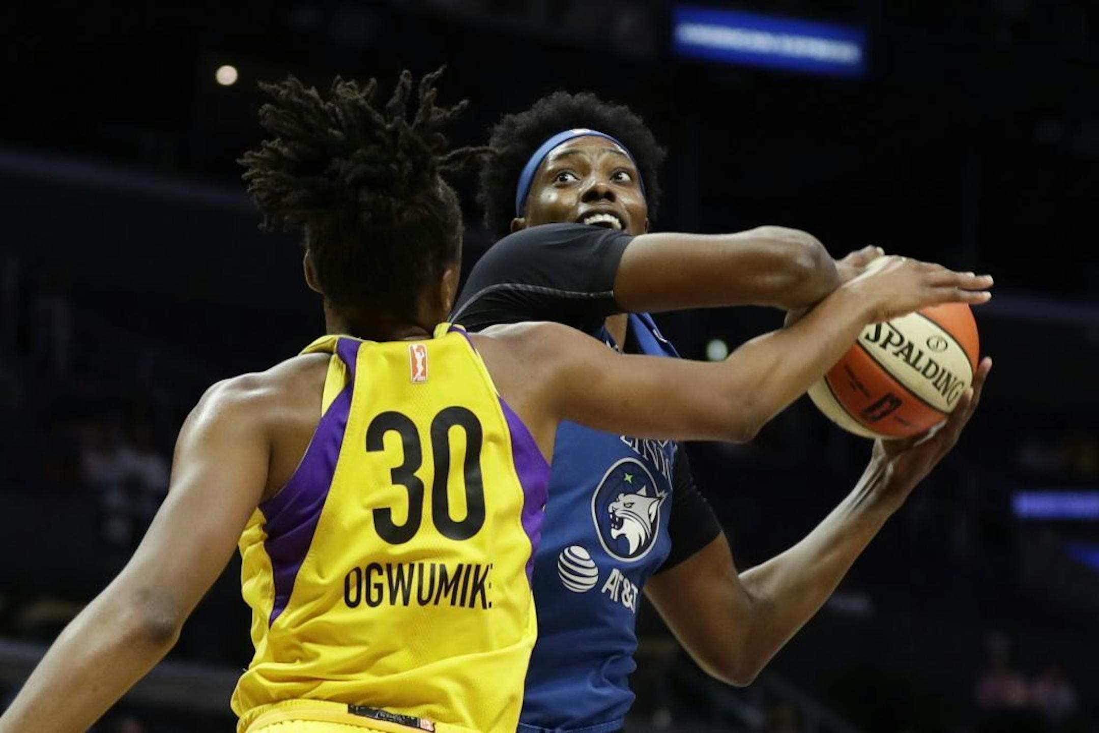 Lynx star Sylvia Fowles battles with Nneka Ogwumike of the Sparks during a game last season.