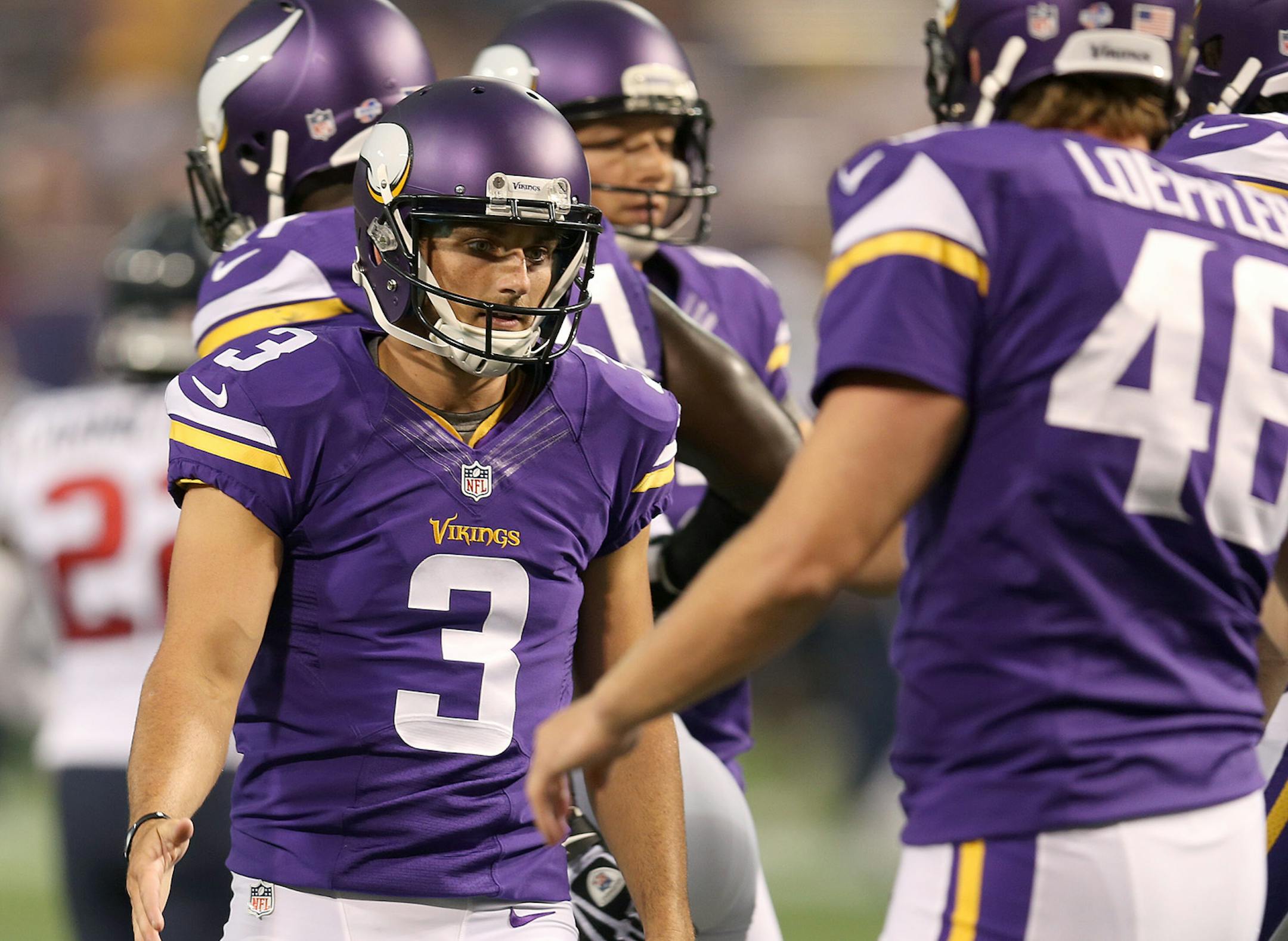 Vikings Blair Walsh celebrated his second quarter field goal as they took on the Houston Texans in a pre-season game at Mall of America Field, Friday, August 9, 2013 in Minneapolis, MN. (ELIZABETH FLORES/STAR TRIBUNE)