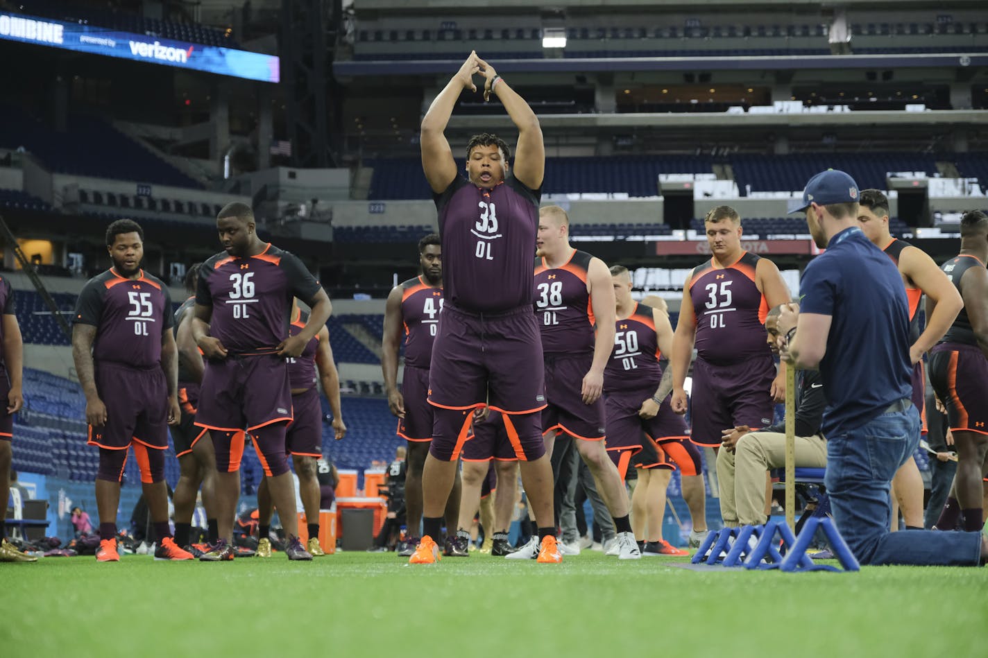 Ohio State offensive lineman Michael Jordan participates in a drill during the NFL football scouting combine in Indianapolis, Thursday, Feb. 28, 2019. (AP Photo/AJ Mast)