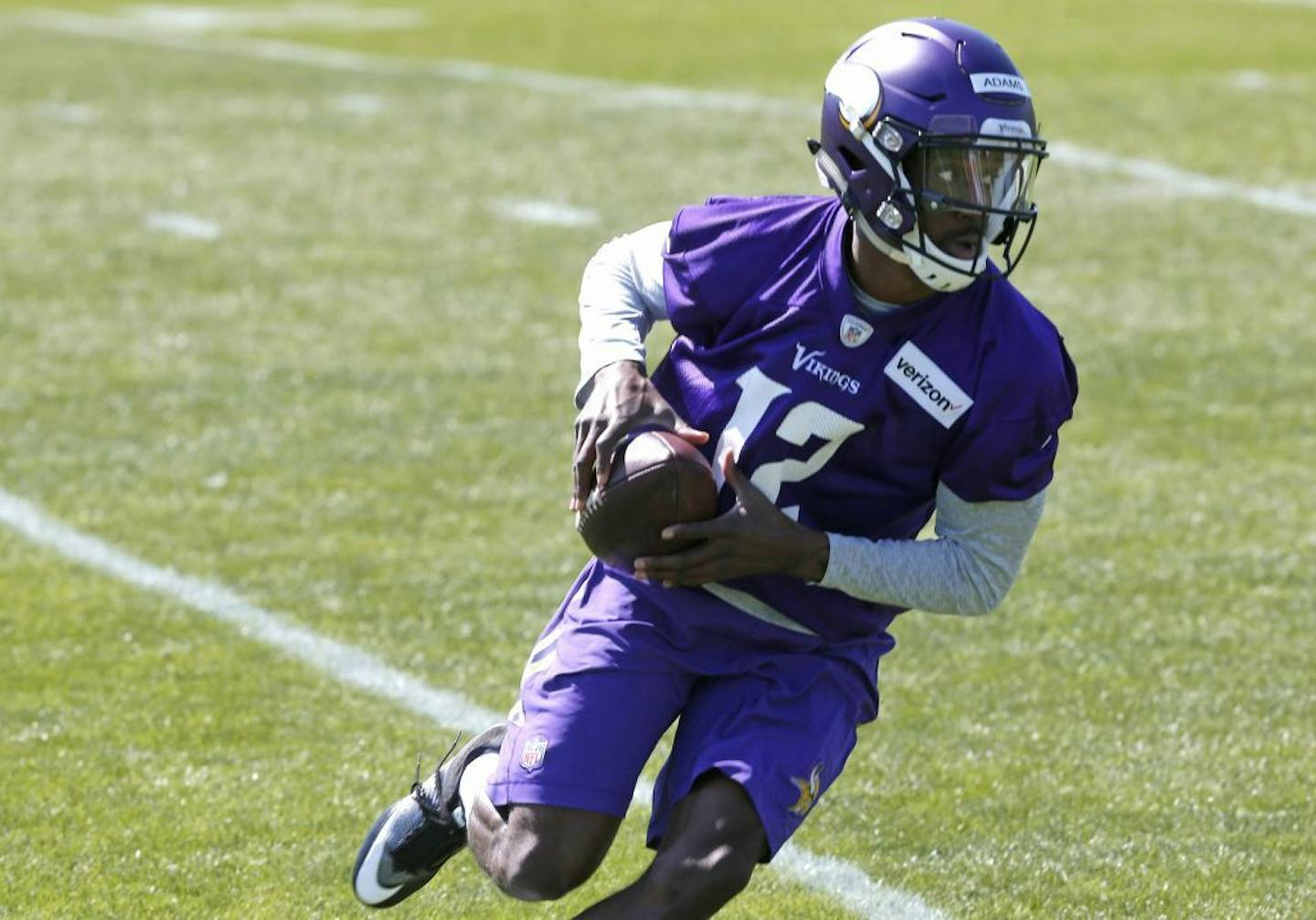 Minnesota Vikings rookie wide receiver Rodney Adams runs a route during the NFL football team rookies minicamp Friday, May 5, 2017, in Eden Prairie, Minn.