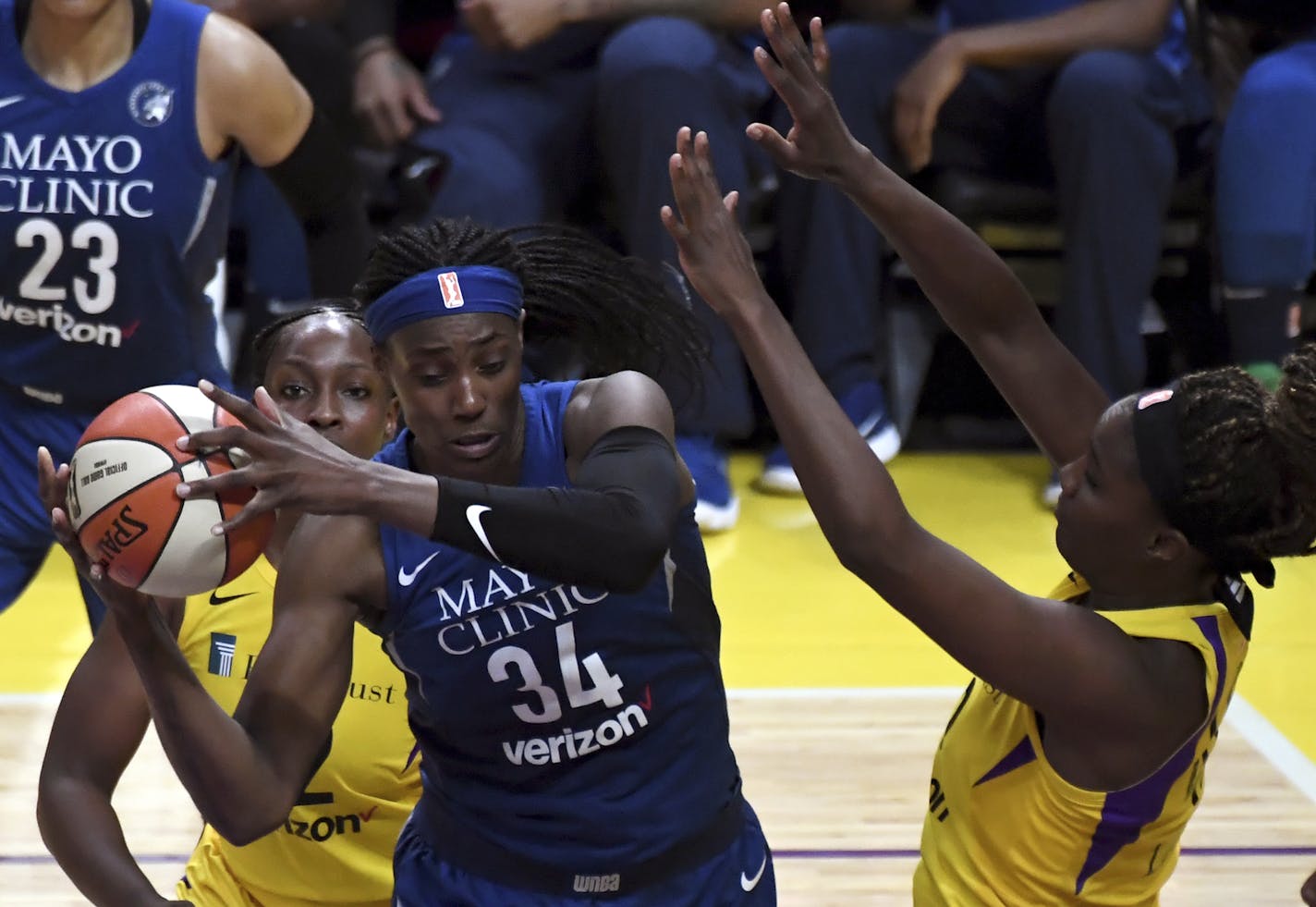 Minnesota Lynx center Sylvia Fowles (34) controls the ball against the Los Angeles Sparks in the first half of a single elimination WNBA basketball playoff game, Tuesday, Aug. 21, 2018, in Los Angeles. (Keith Birmingham/The Orange County Register via AP)