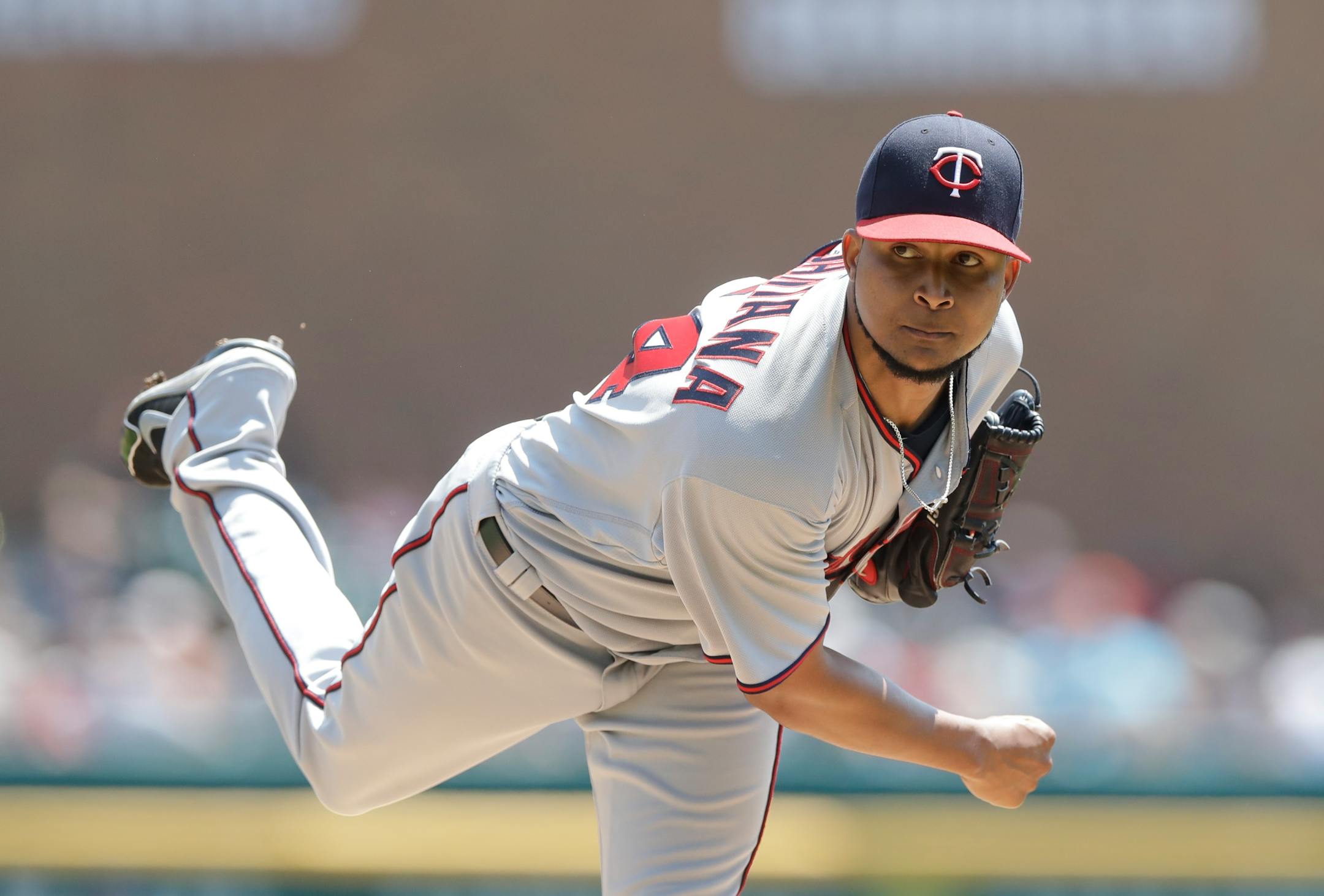 Minnesota Twins starting pitcher Ervin Santana throws during the first inning of a baseball game against the Detroit Tigers, Wednesday, July 20, 2016 in Detroit. (AP Photo/Carlos Osorio)