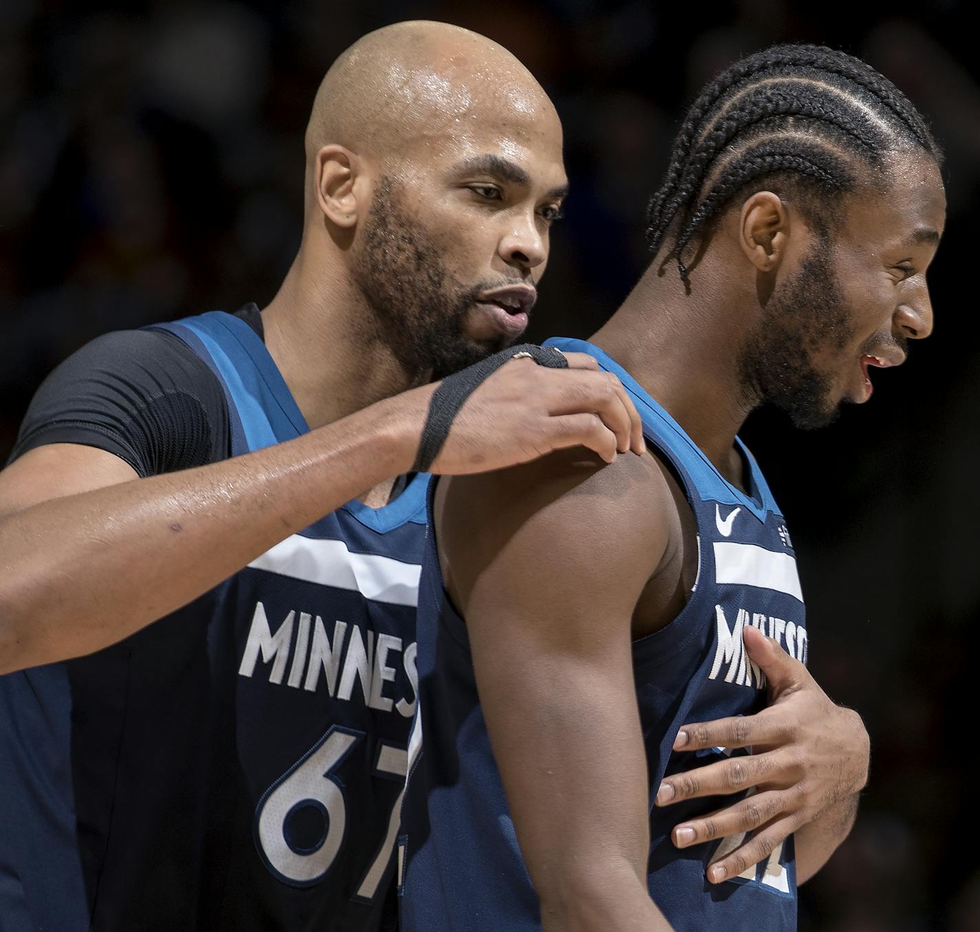 Taj Gibson, left, and Andrew Wiggins are two of the three Wolves who have started every game this season. "The fatigue is there," Gibson says, referring to the woes with the new NBA schedule.