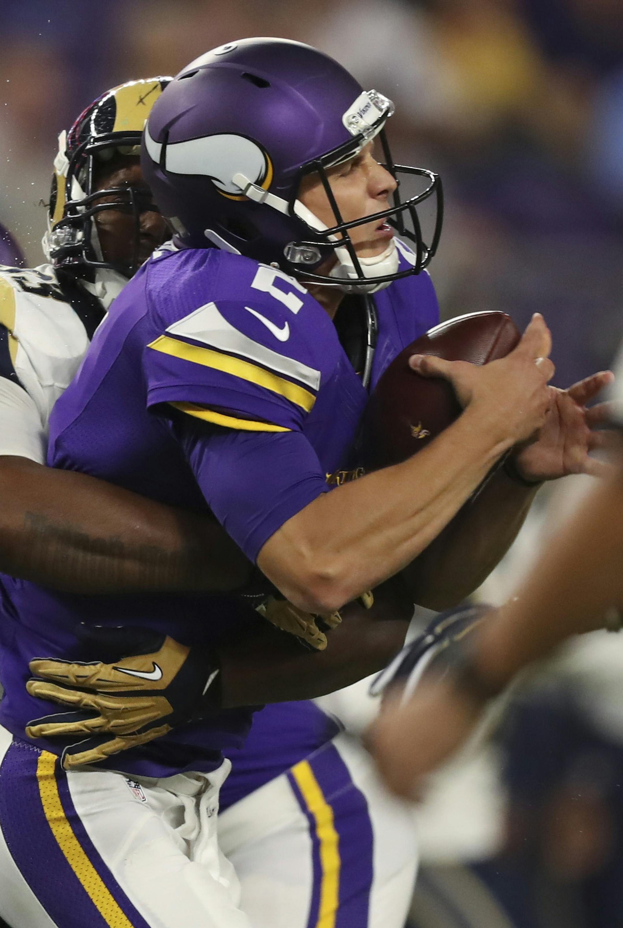 Los Angeles Rams defensive tackle Ethan Westbrooks (93) sacked Vikings quarterback Joel Stave (2) fro an eight yard loss early in the second quarter. ] JEFF WHEELER ï jeff.wheeler@startribune.com The Minnesota Vikings played the Los Angeles Rams in their final game of the NFL preseason Thursday night, September 1, 2016 at U.S. Bank Stadium in Minneapolis.